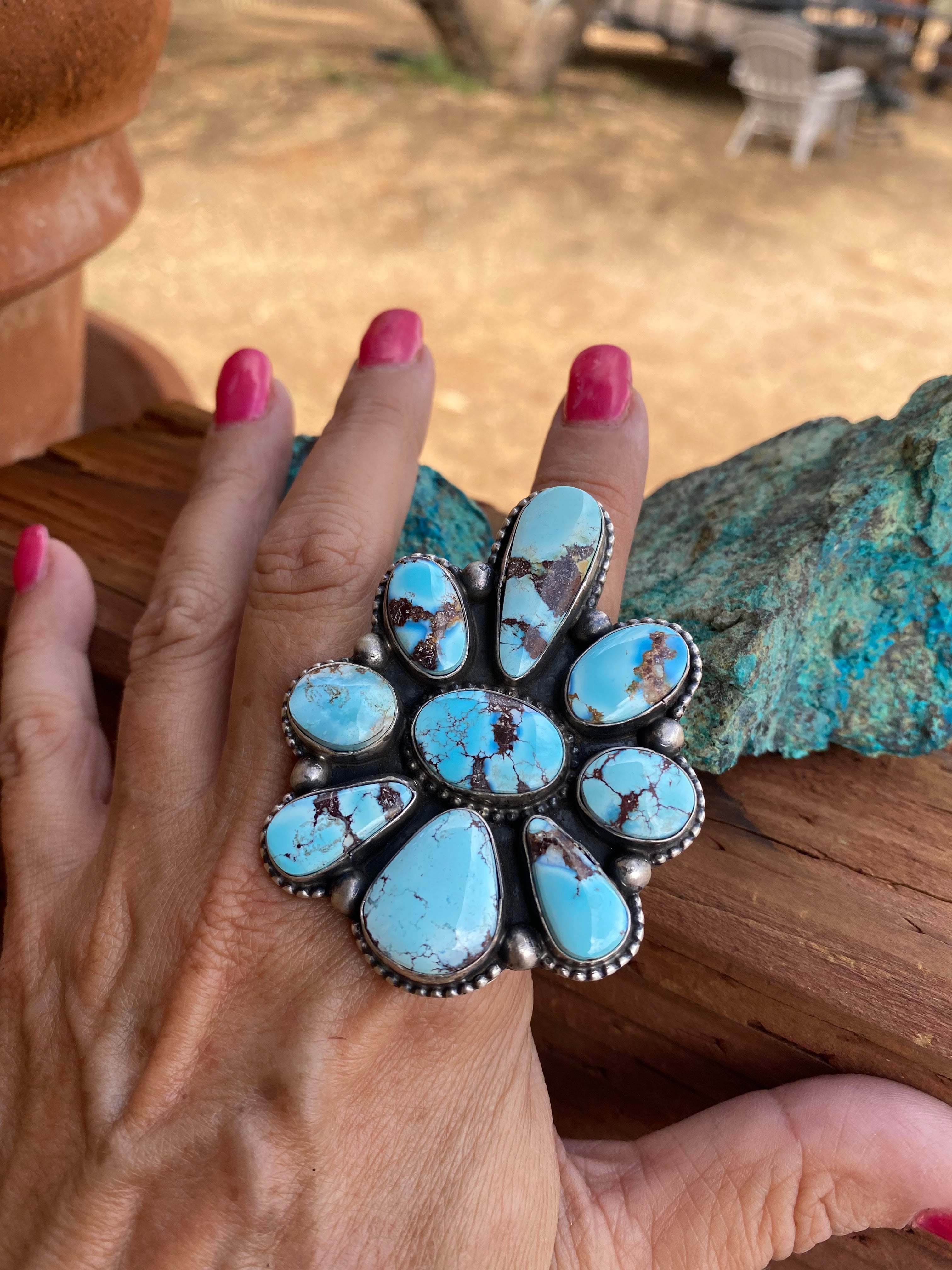 Navajo Golden Hills Turquoise & Sterling Silver Size 6.5 Signed Bobby Johnson