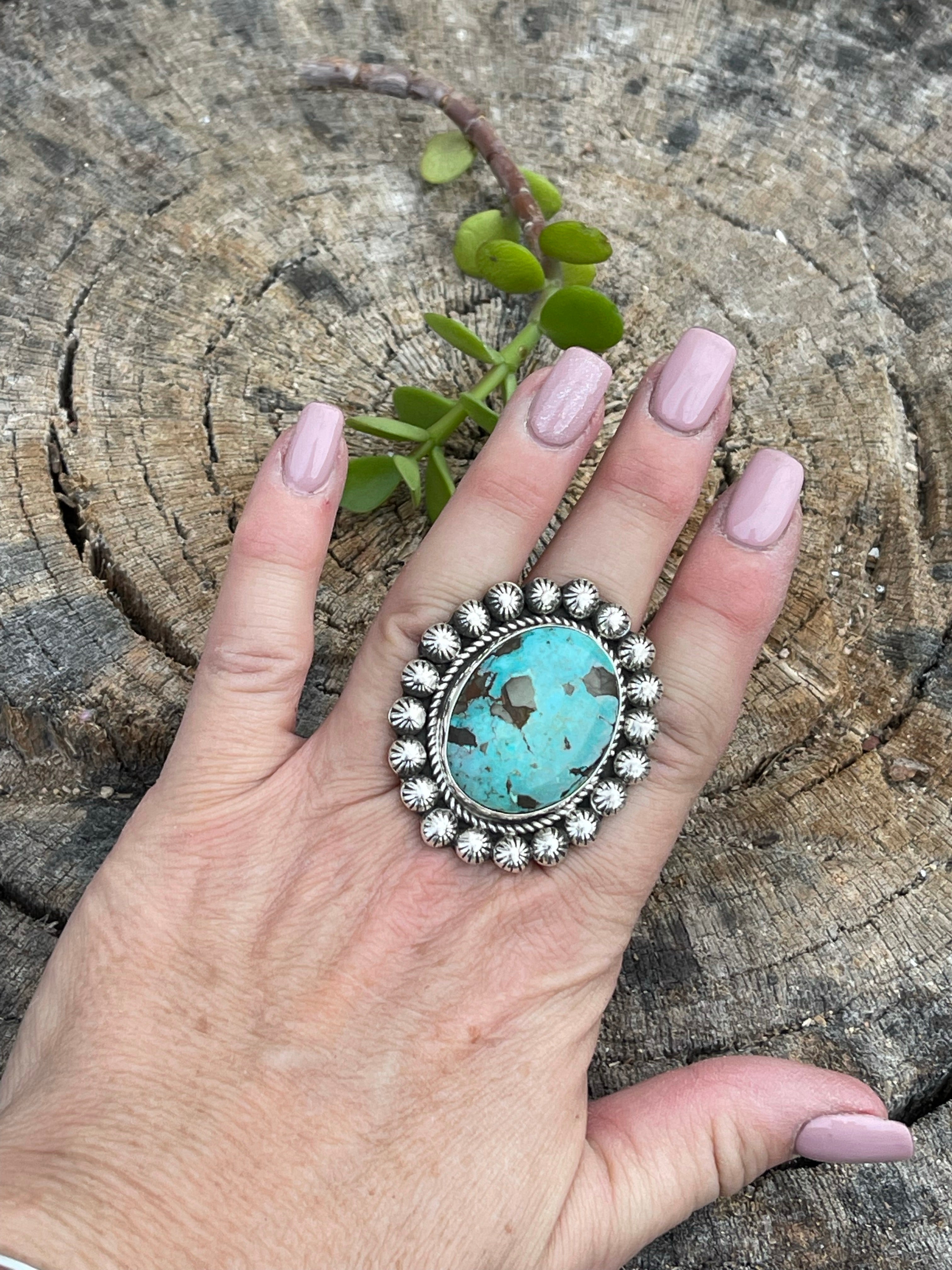 Handcrafted Sterling Silver Turquoise Oval Ring Sz 8