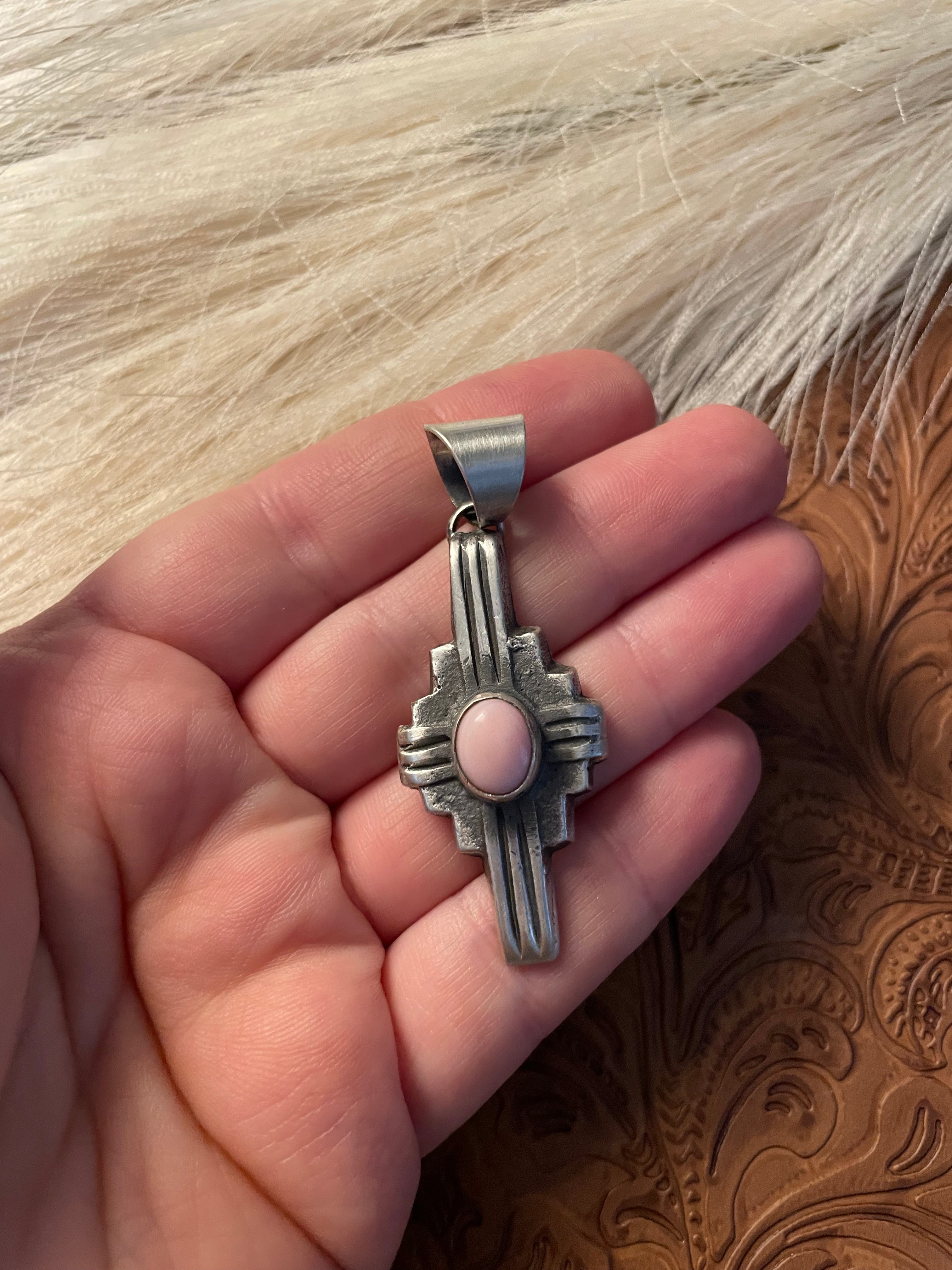 Handcrafted Chimney Butte Pink Conch & Sterling Silver Cross Pendant
