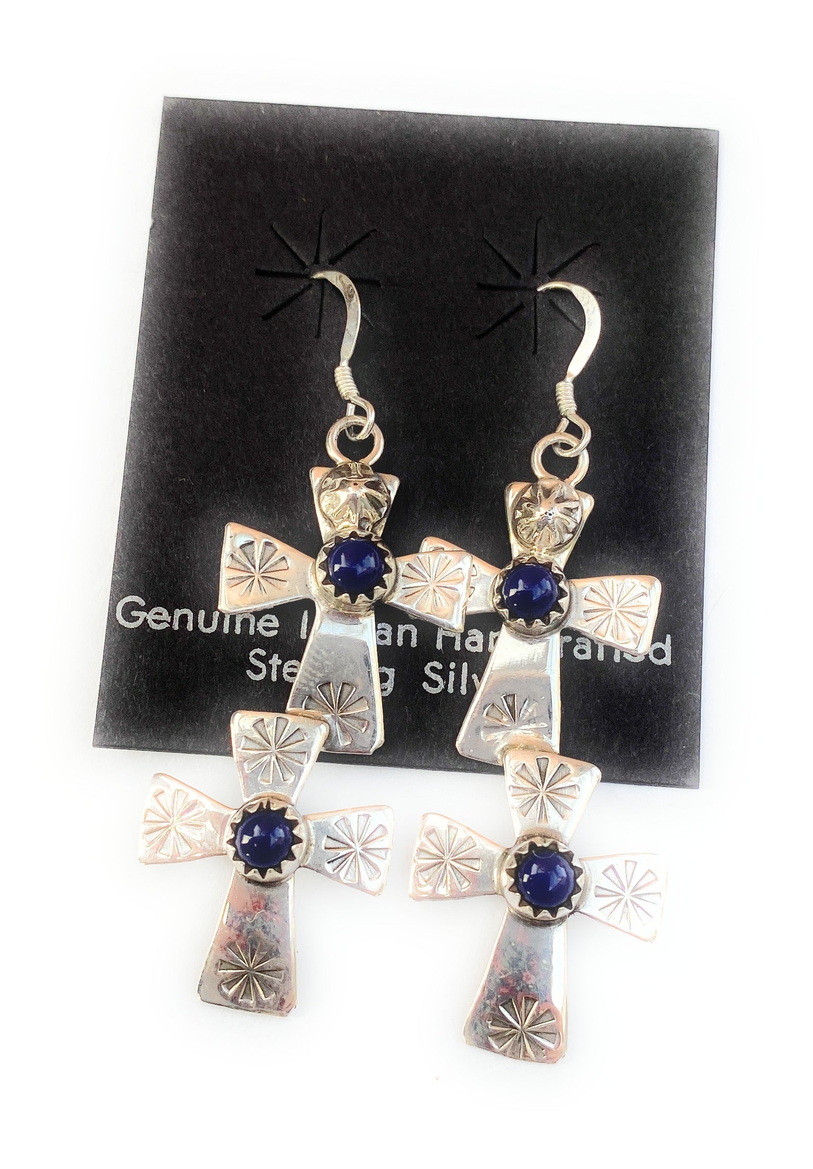 Handcrafted & Hand Stamped Sterling Silver & Lapis Double Cross Dangle Earrings