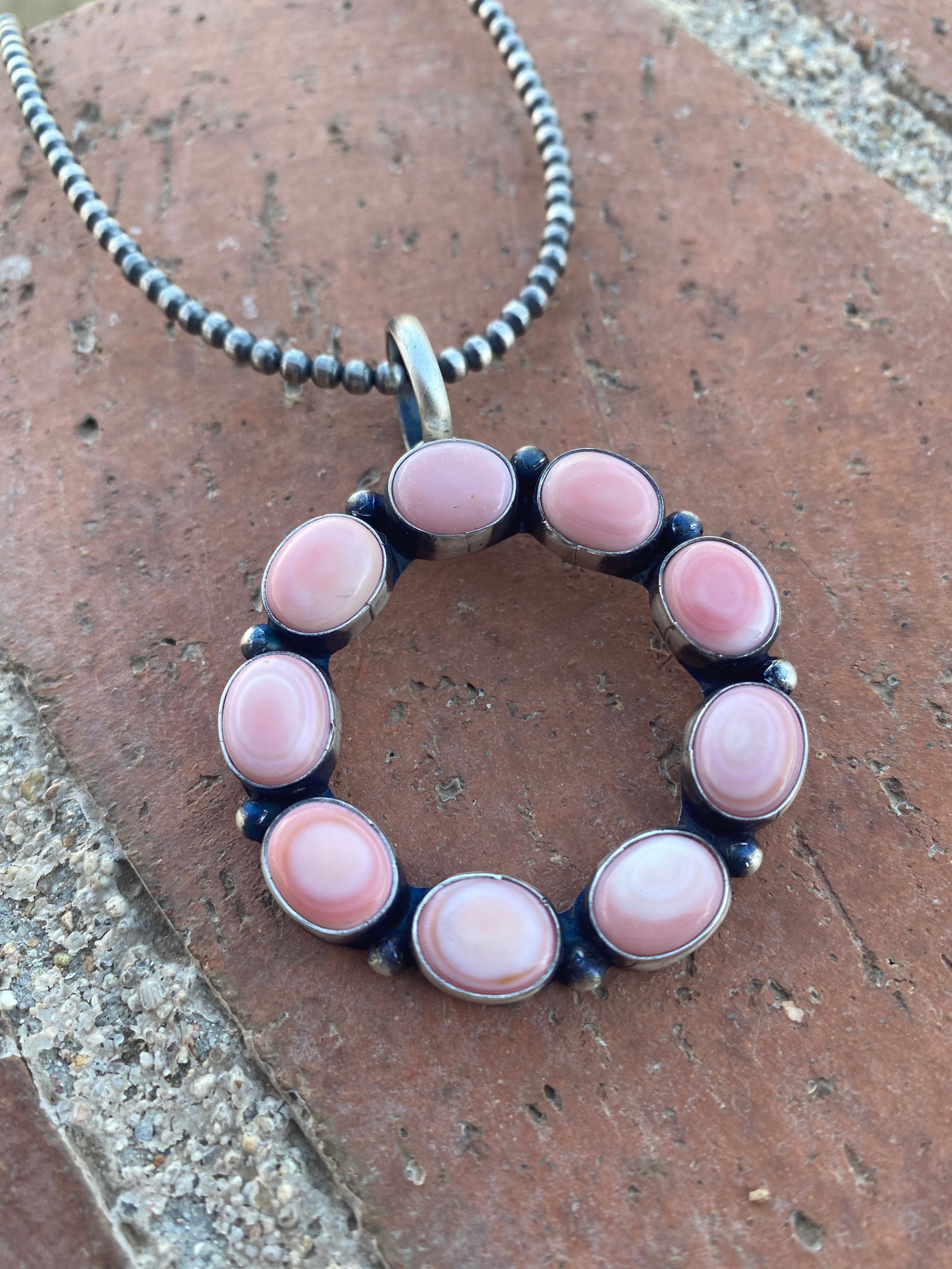 Handcrafted Round Queen Pink Conch & Sterling Silver Pendant Signed