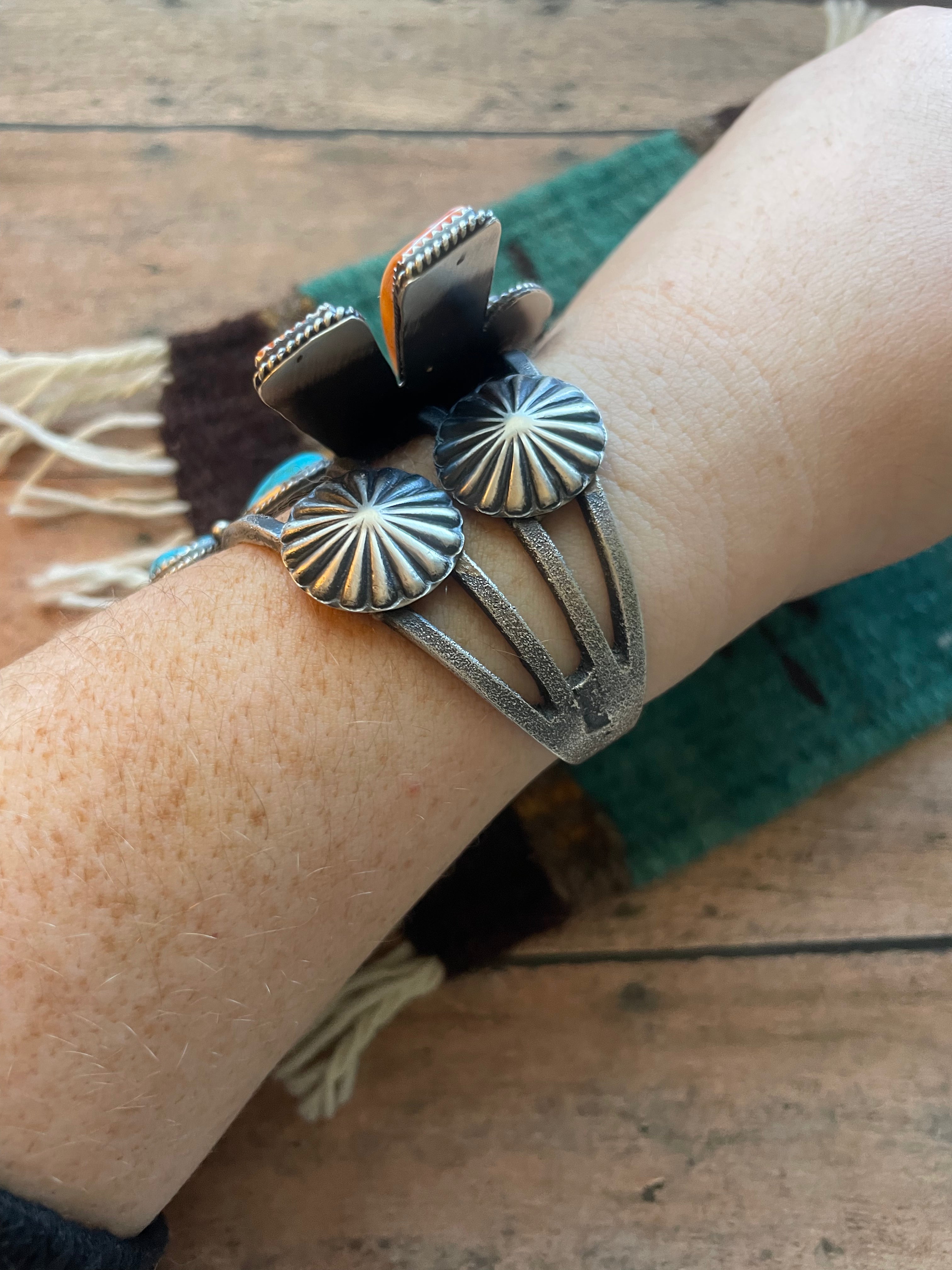 Navajo Kingman Turquoise, Spiny & Sterling Silver Dragonfly Cuff Bracelet Signed Kevin Billah