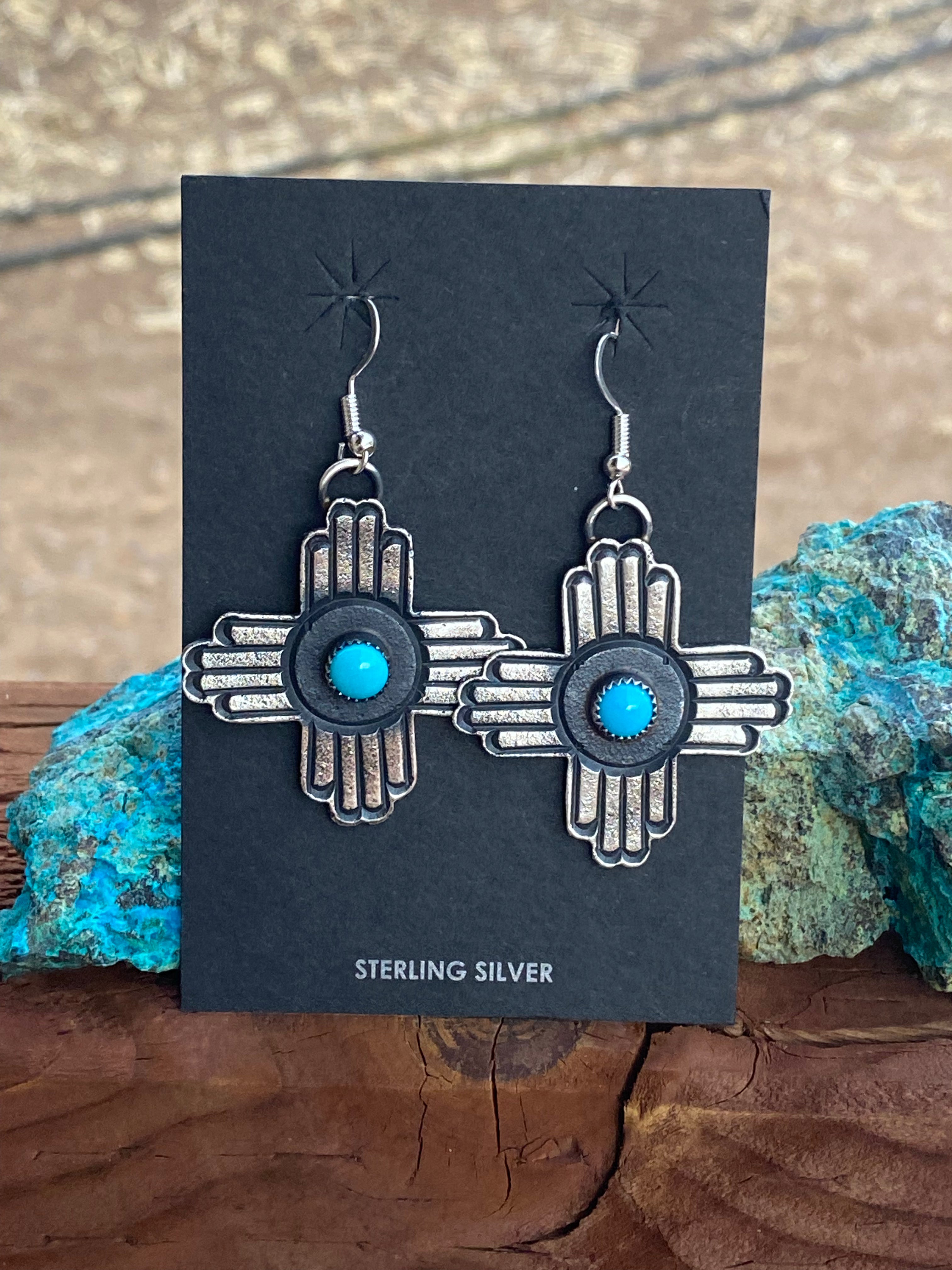 Handcrafted Turquoise & Sterling Silver Zia Dangle Earrings By Kevin Billah