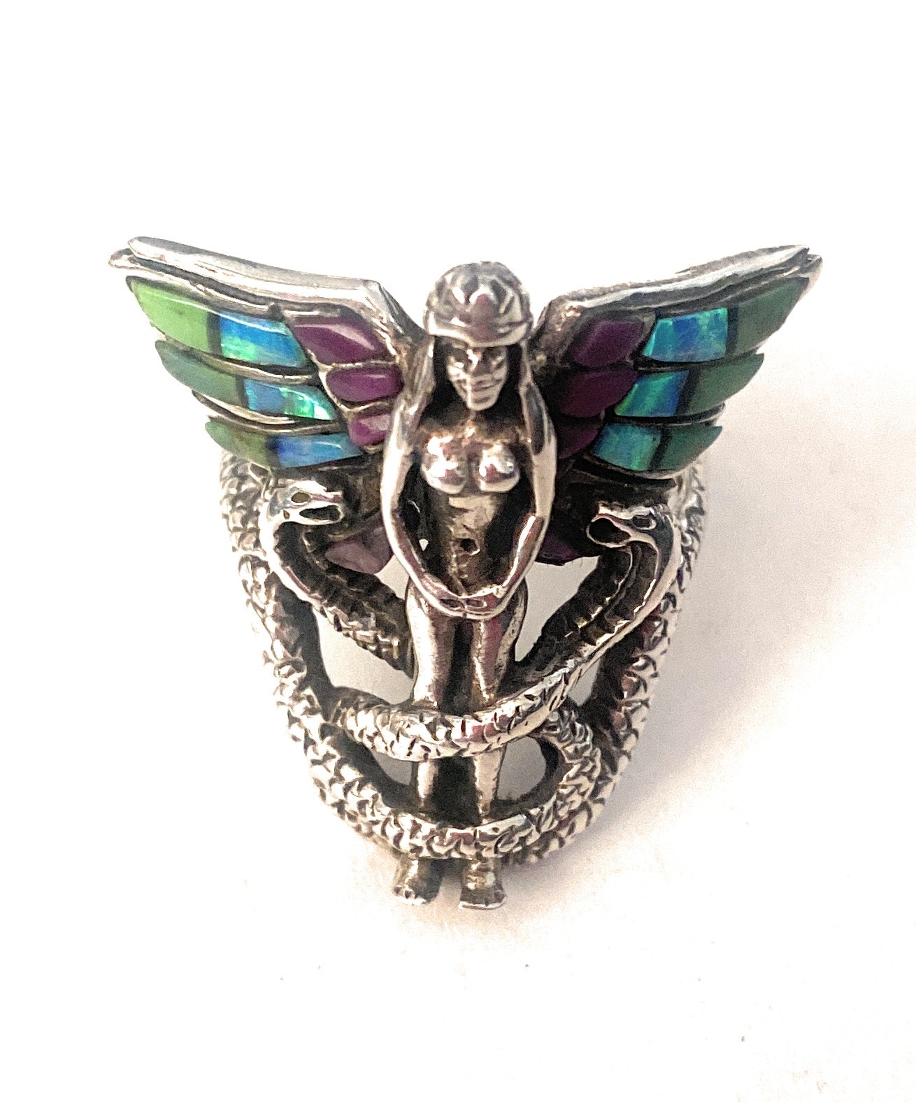 Handmade Sterling Silver & Multi Stone Inlay Snake Queen Ring Size 9.5