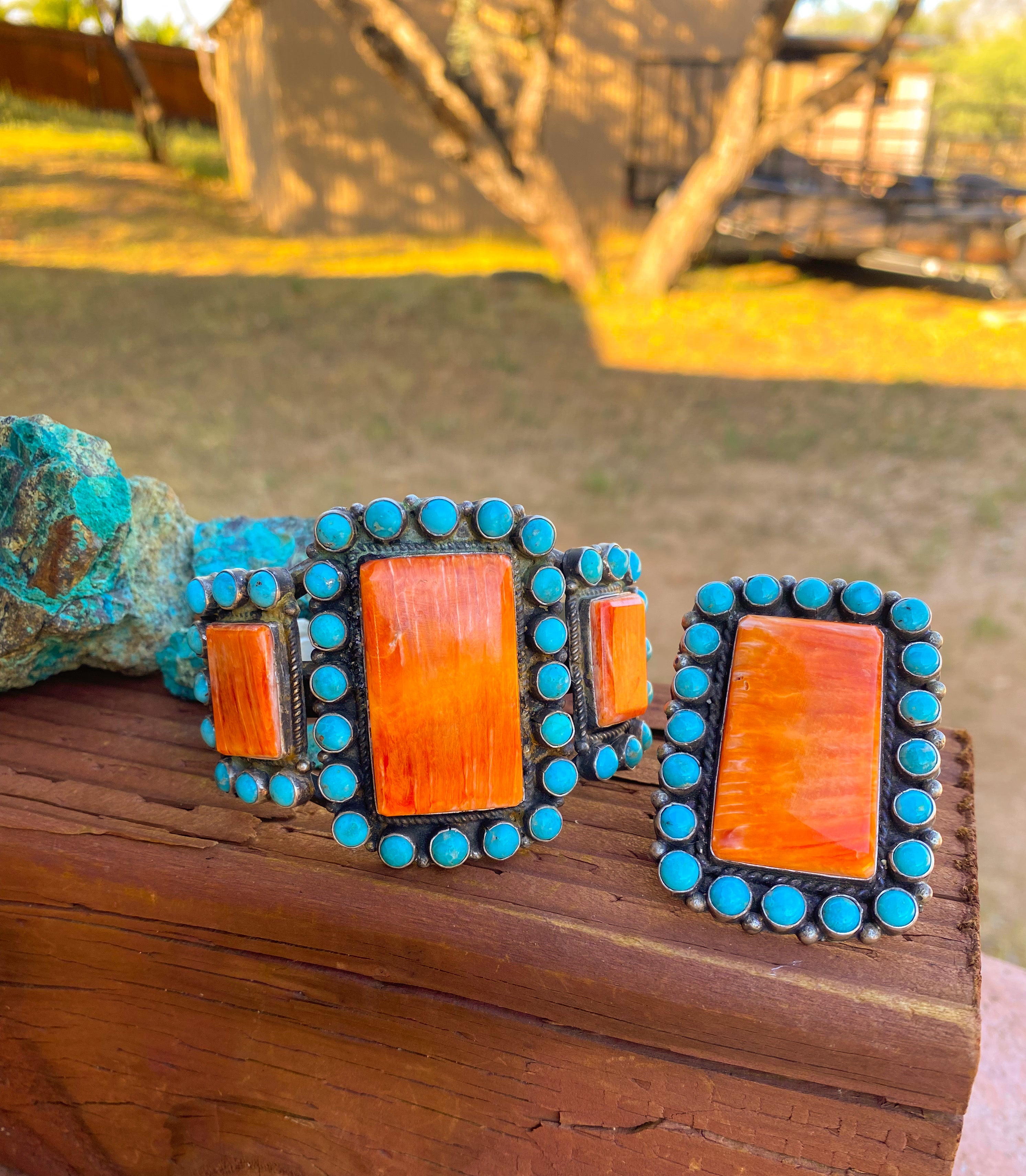 Navajo Cluster Turquoise Spiny Oyster Sterling Silver Ring Sz 8