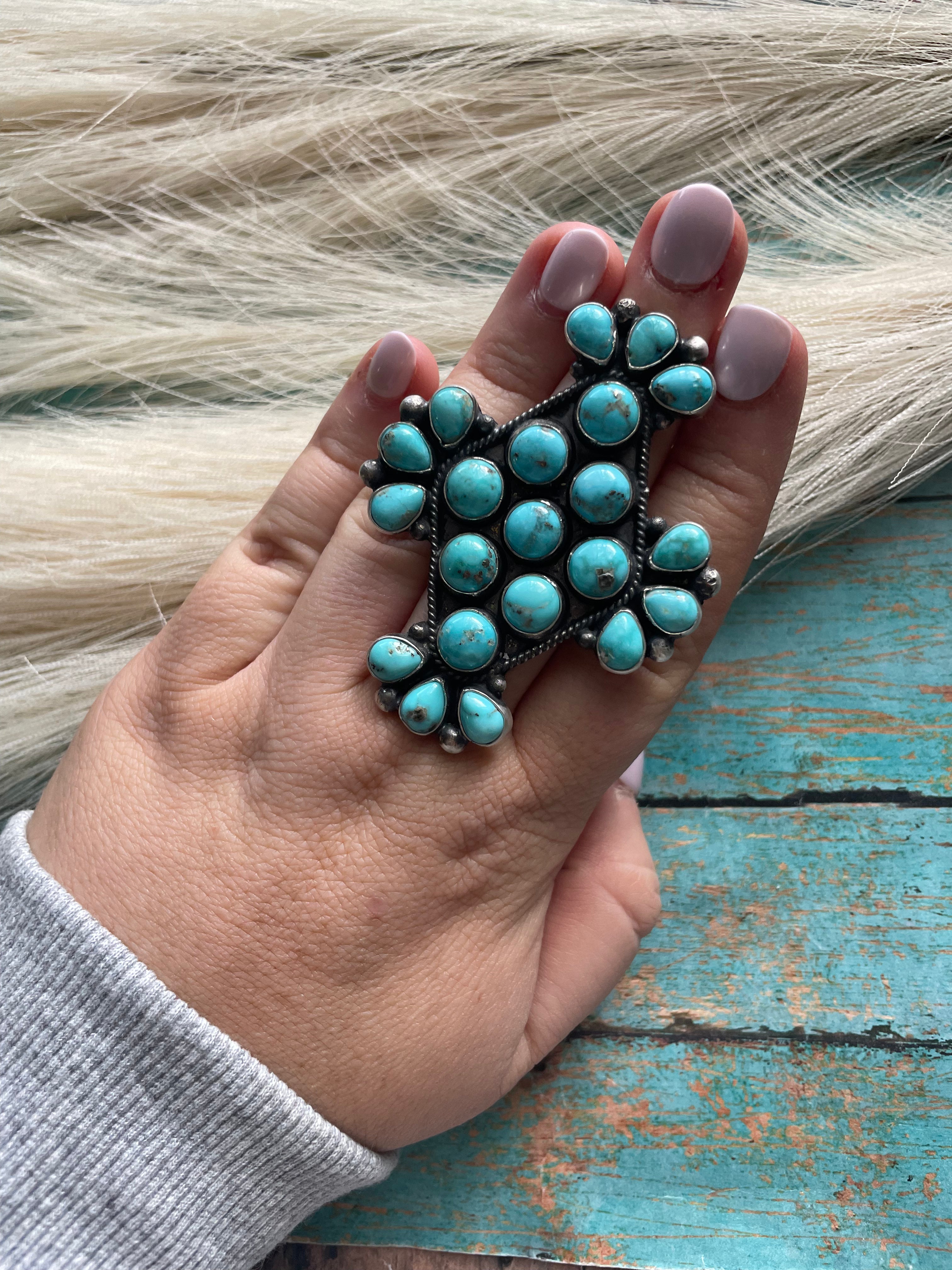 Handcrafted Turquoise & Sterling Silver Statement Cluster Adjustable Ring