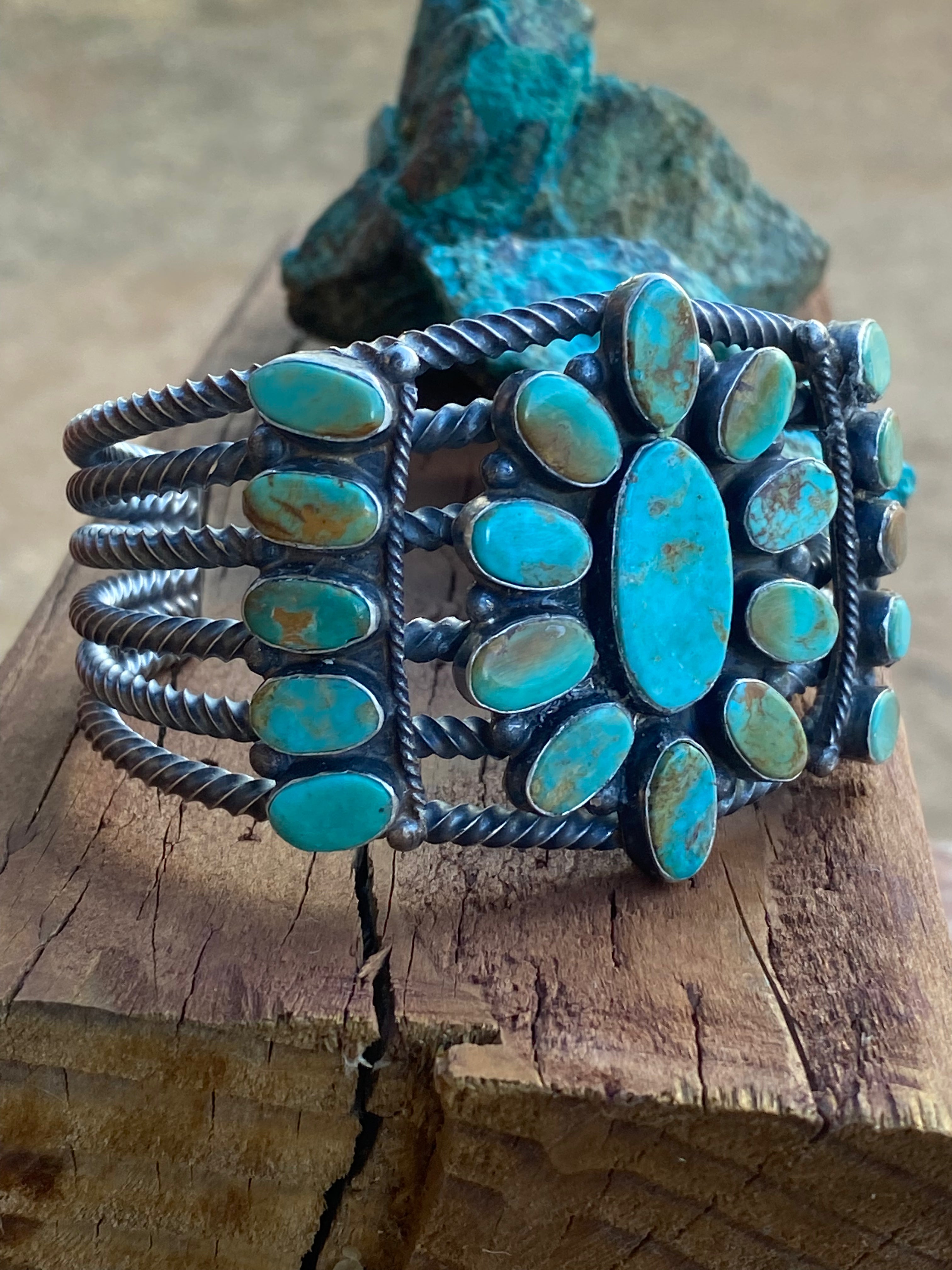 Navajo Jacqueline Silver Royston Turquoise & Sterling Cluster Cuff /