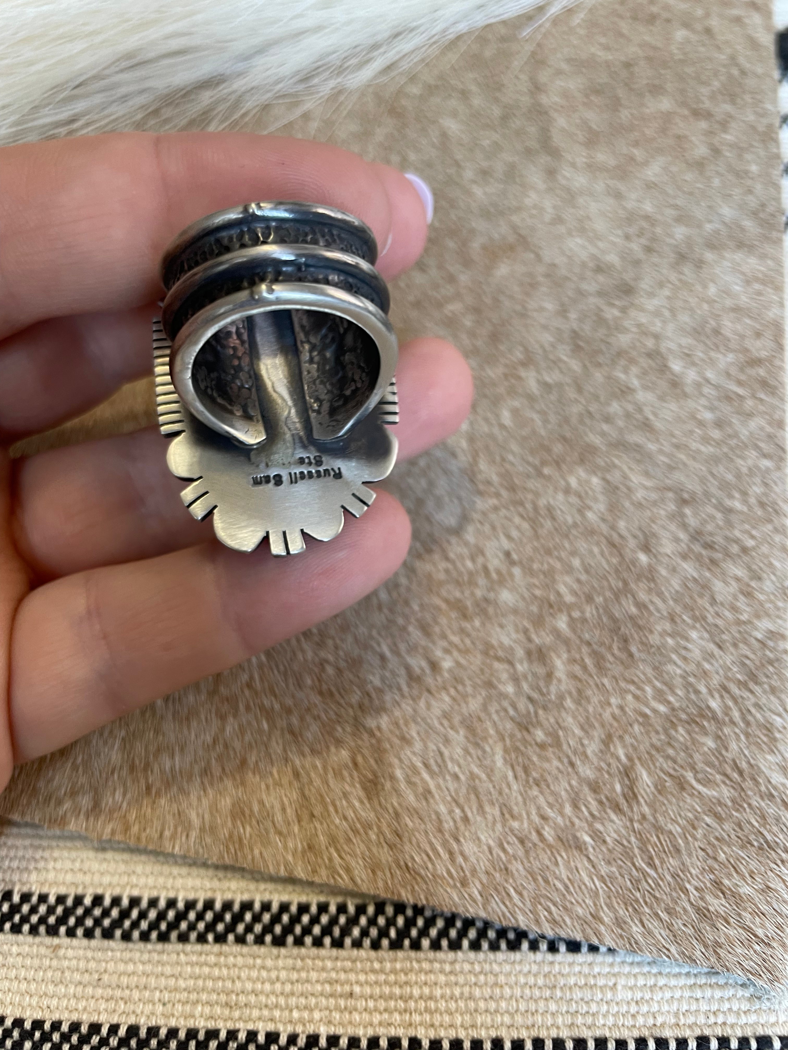 Navajo Turquoise & Sterling Silver Ring Size 8.5 Signed Russell Sam