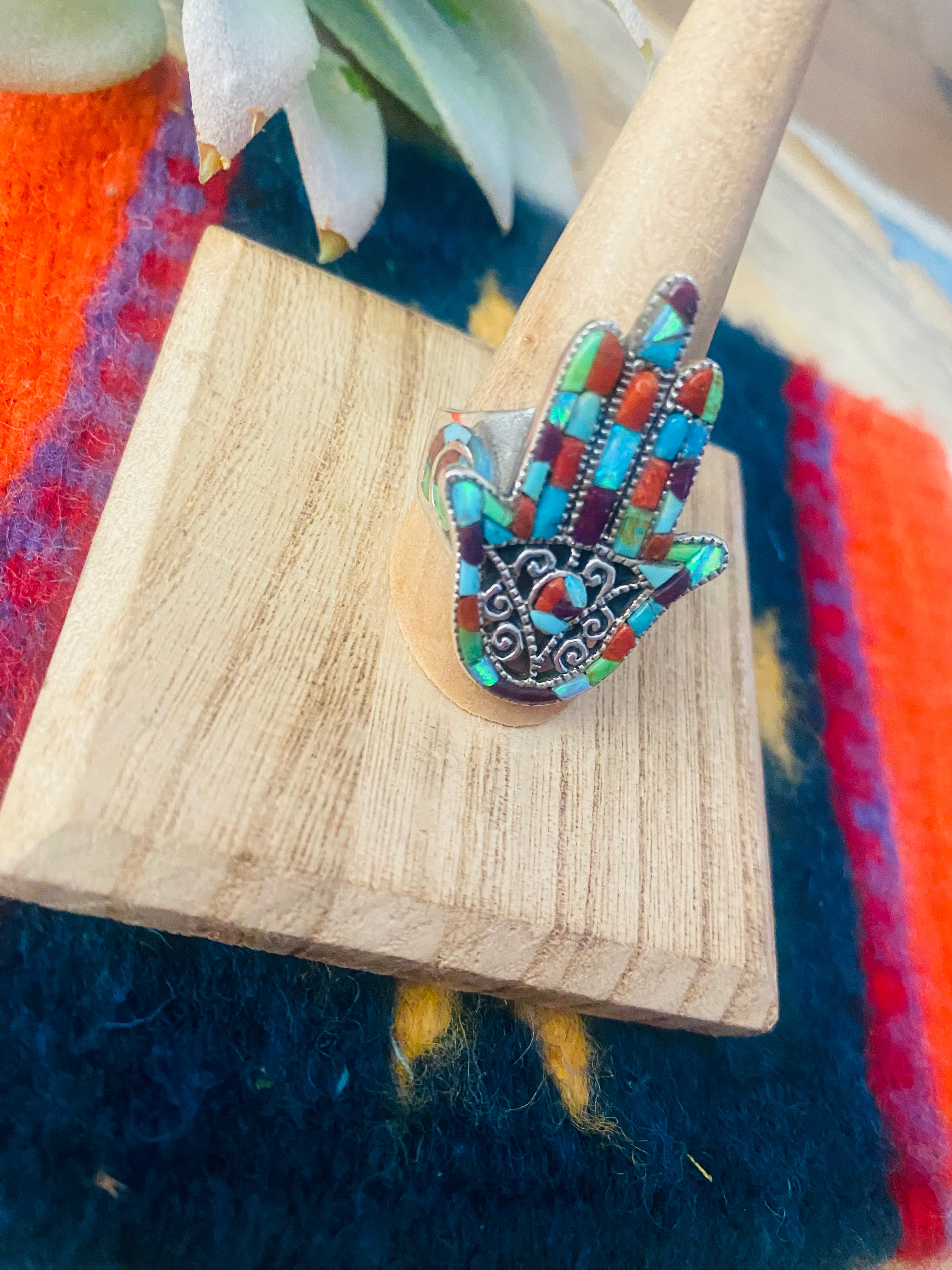 Handmade Sterling Silver & Multi Stone Inlay Hamsa Hand Ring Size 9