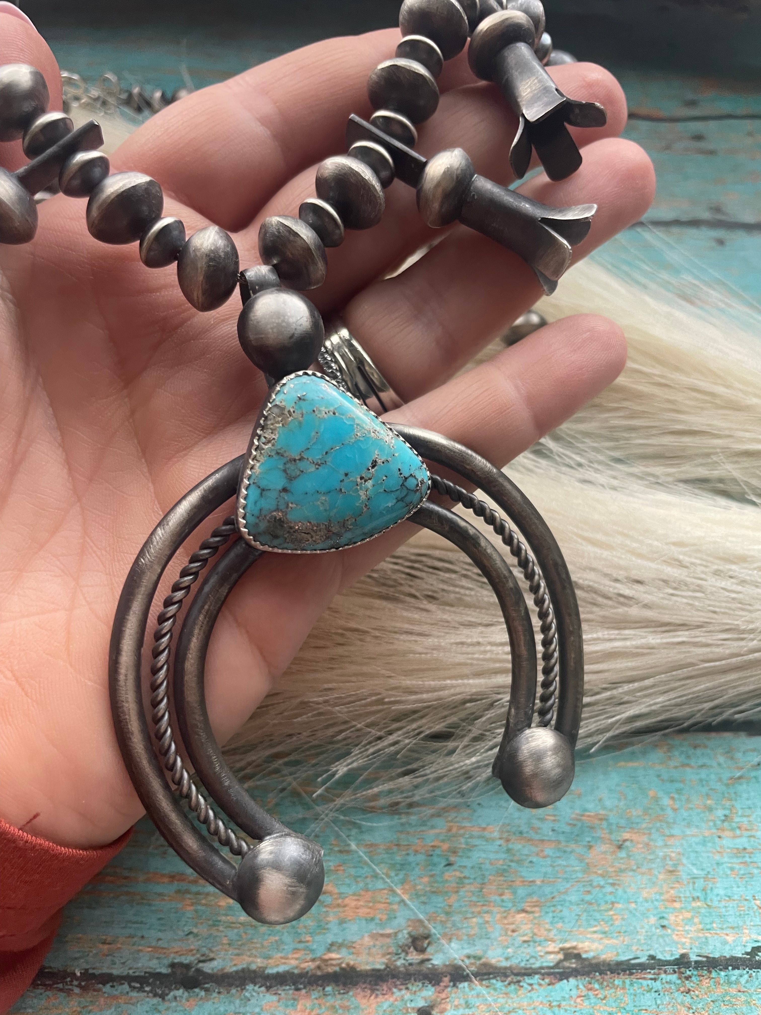 Vintage Navajo Kingman Turquoise & Sterling Silver Beaded Squash Blossom Necklace Signed