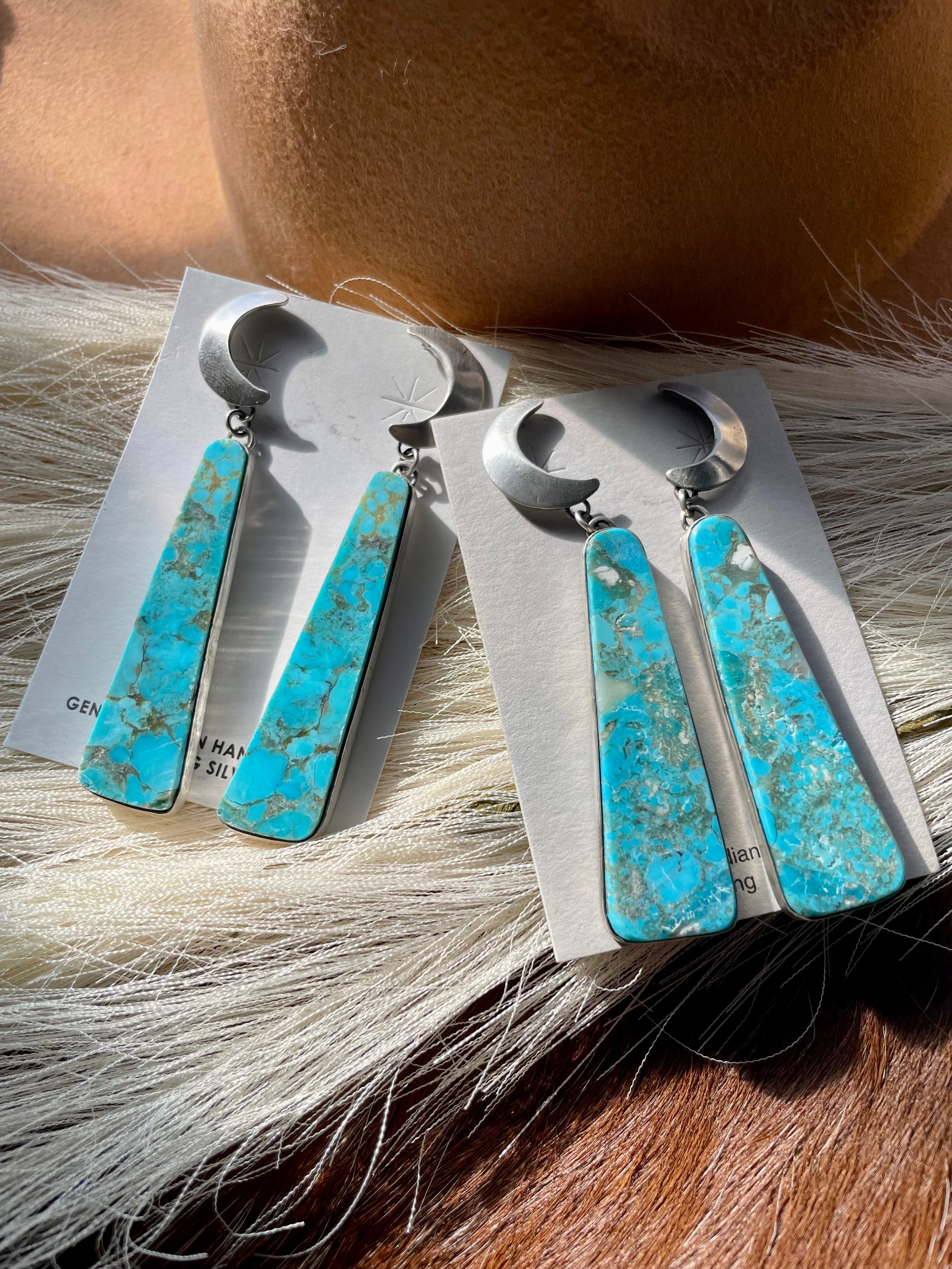 Handcrafted Turquoise & Sterling Silver Moon Slab Dangles Signed P Yazzie