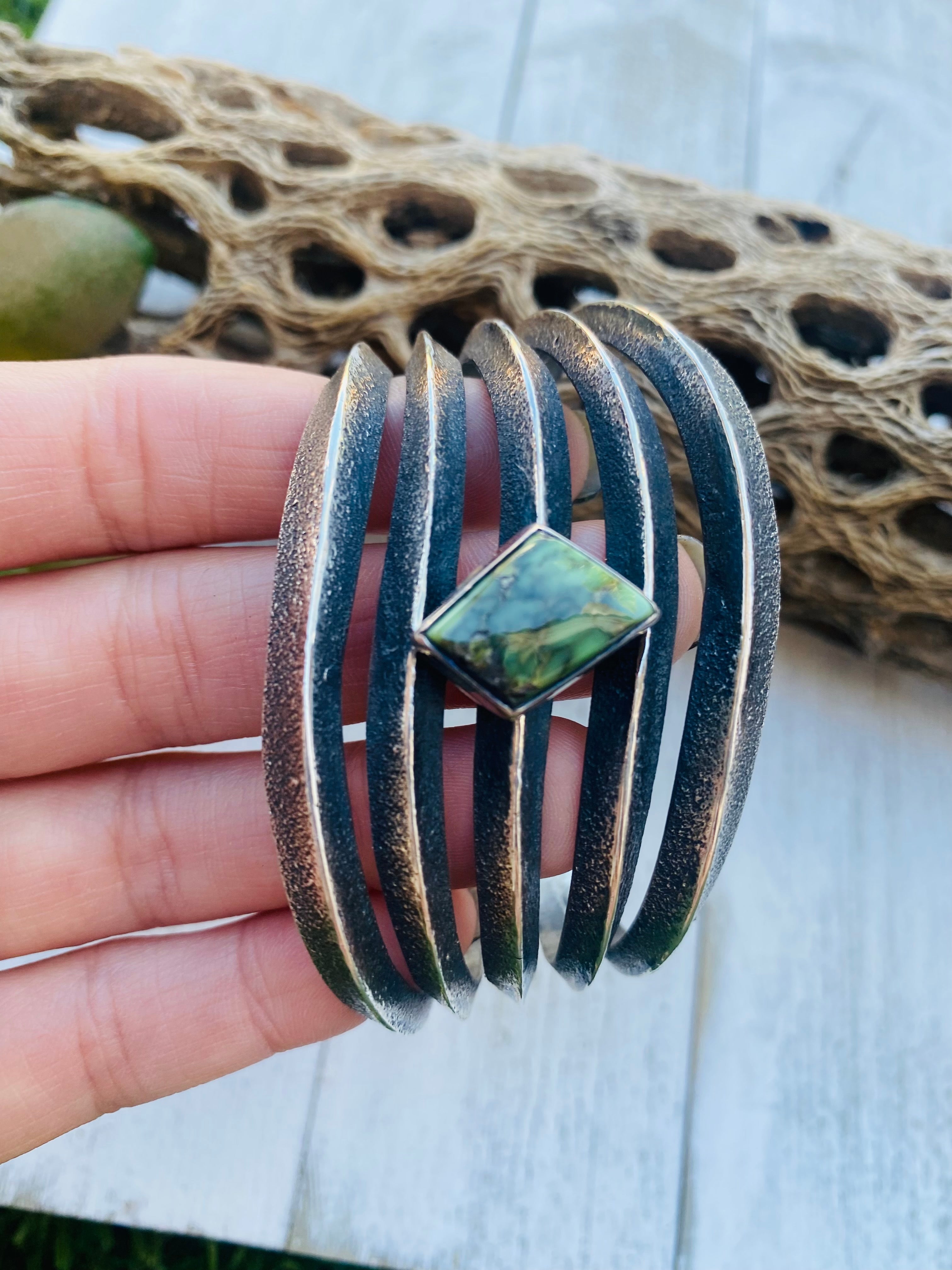 Handcrafted Vintage Turquoise & Sterling Silver Cuff Bracelet signed