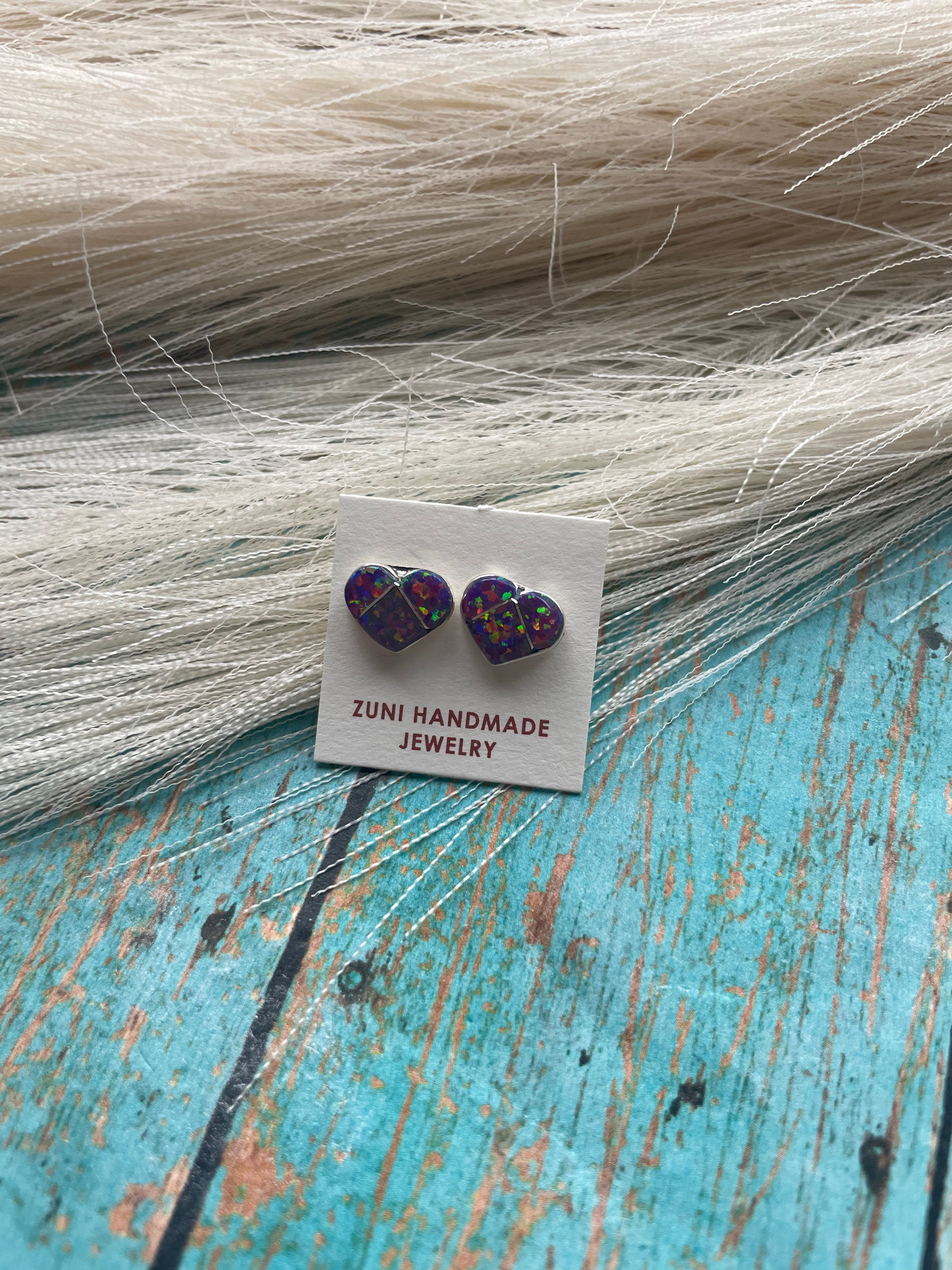 Zuni Sterling Silver & Fire Purple Opal Inlay Heart Stud Earrings