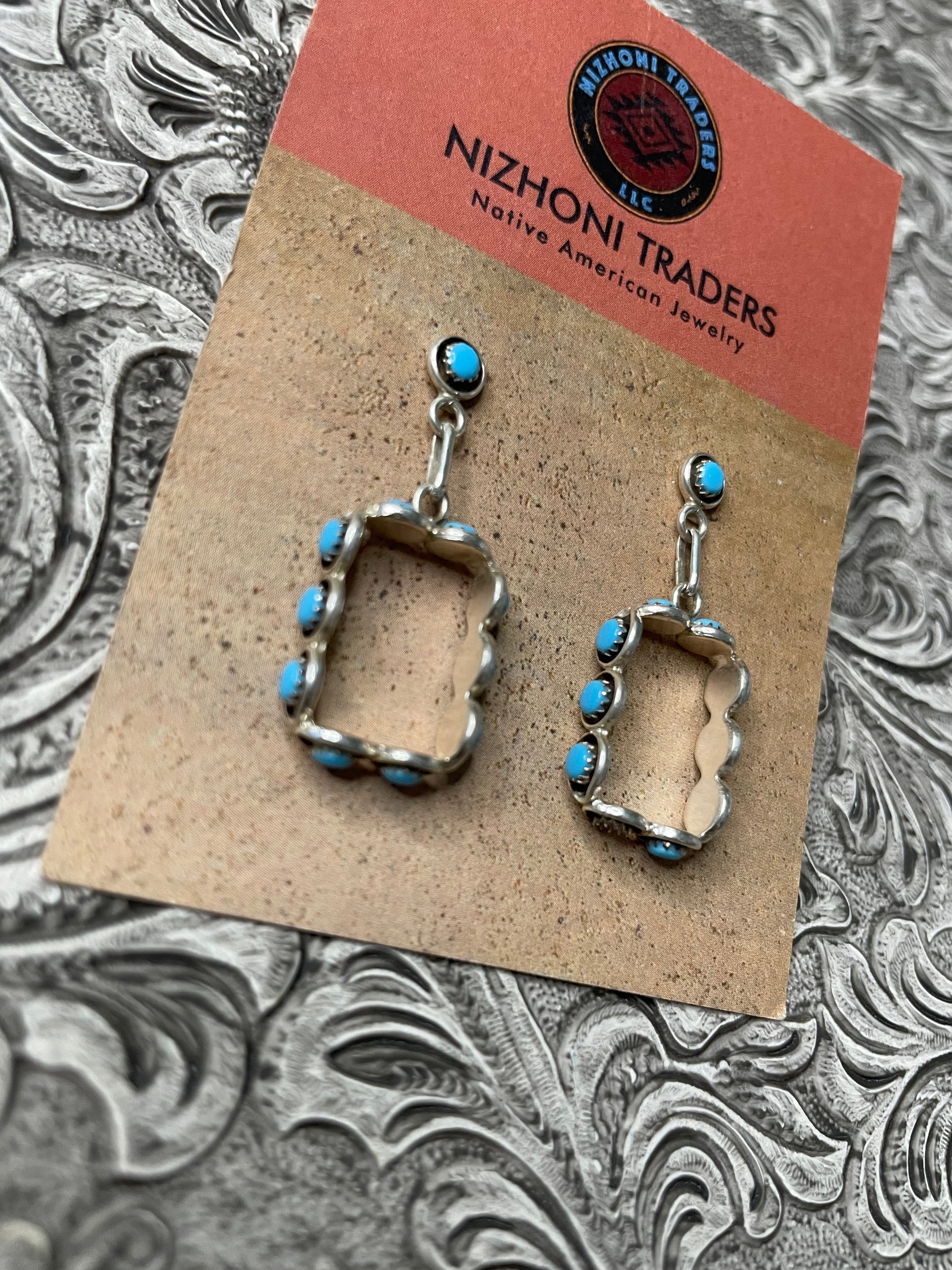 Zuni Turquoise And Sterling Silver Snake Eye Dangle Earrings
