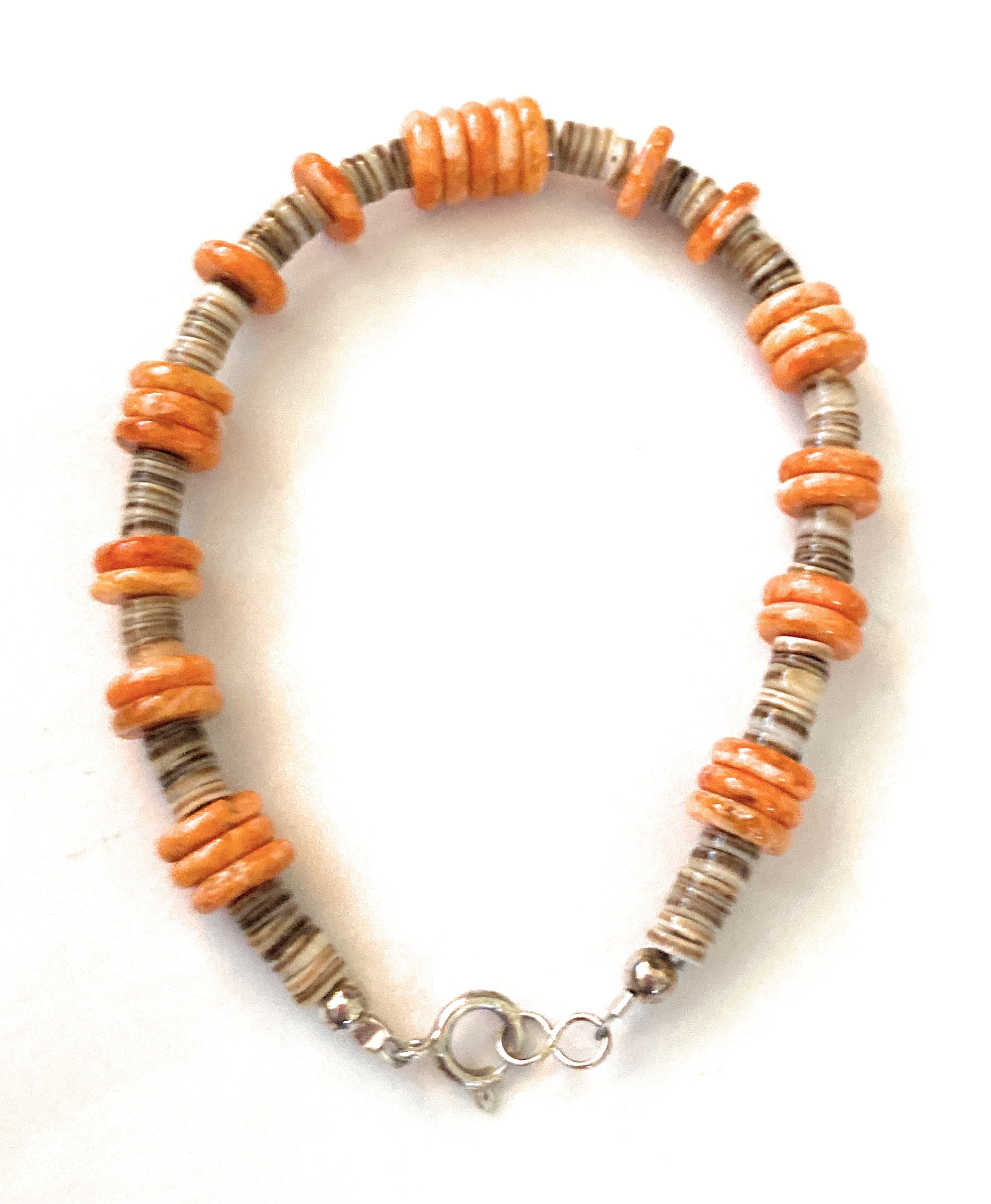 Handcrafted Orange Spiny, Heishi & Sterling Silver Beaded Bracelet