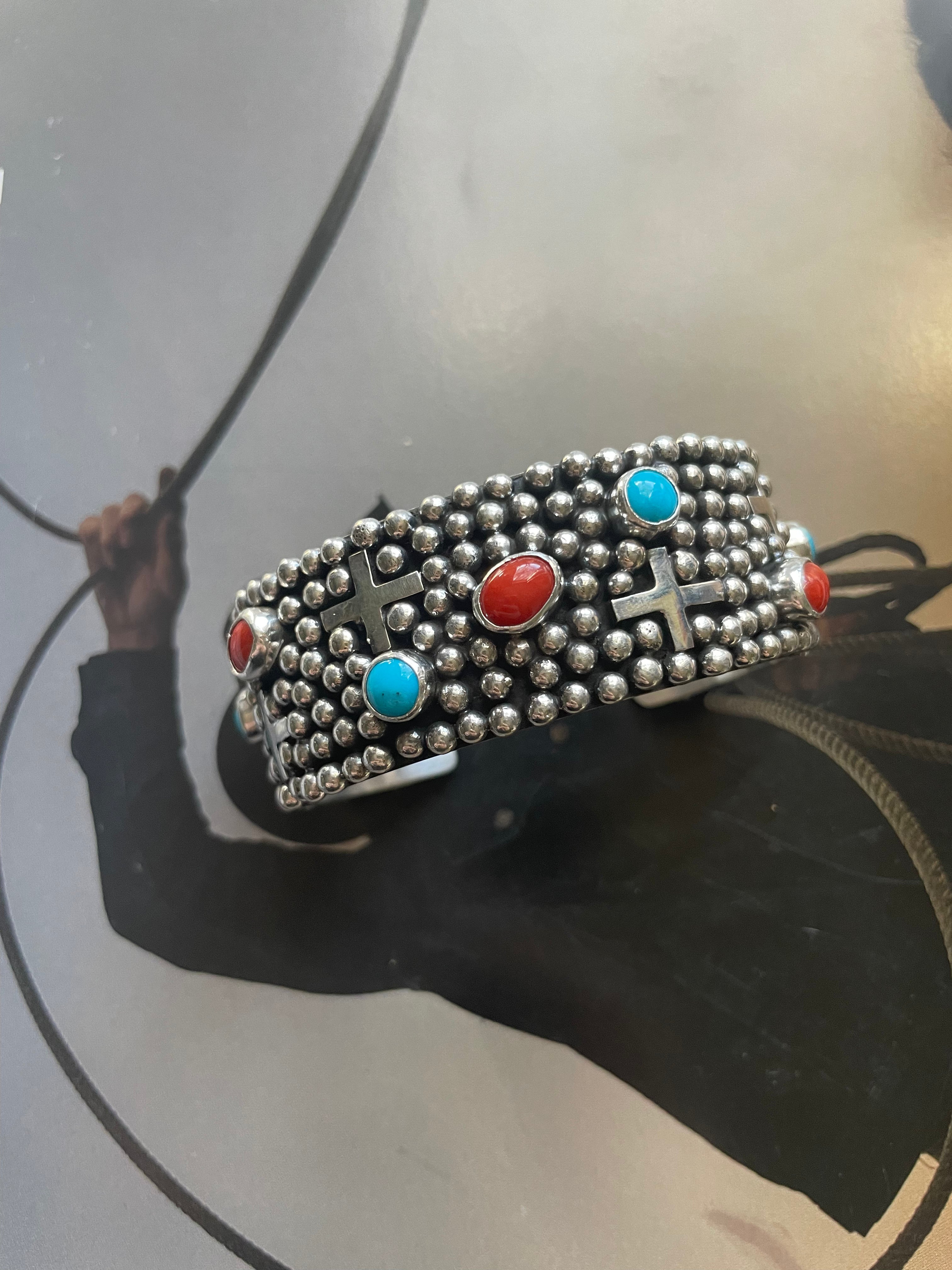 Sterling Silver, Turquoise, & Coral Cross Cuff Bracelet By Ronnie Willie /