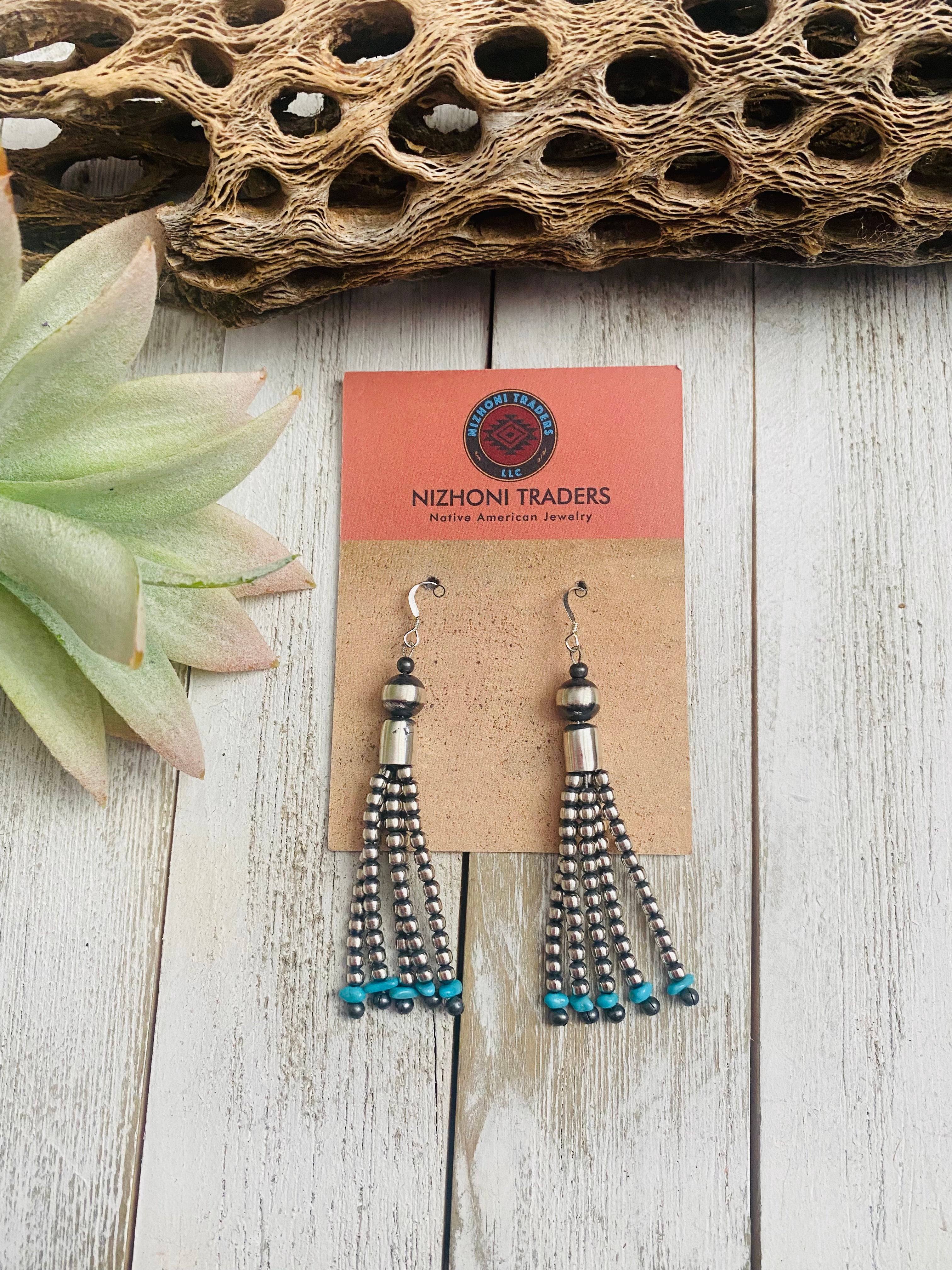 Handcrafted Turquoise & Sterling Silver Pearl Beaded Tassel Dangle Earrings