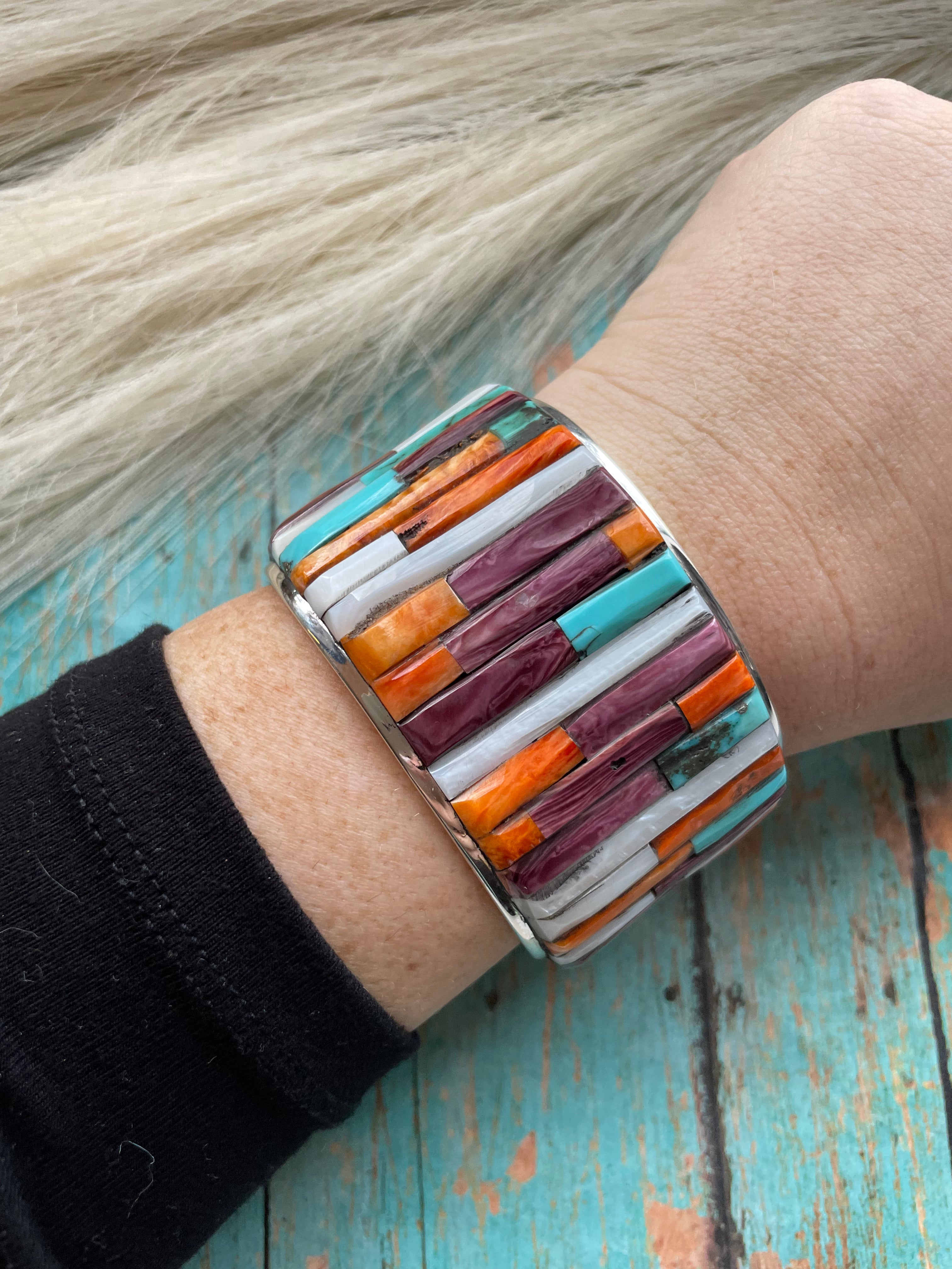 Navajo Sterling Silver & Multi Cobblestone Cuff Bracelet Signed