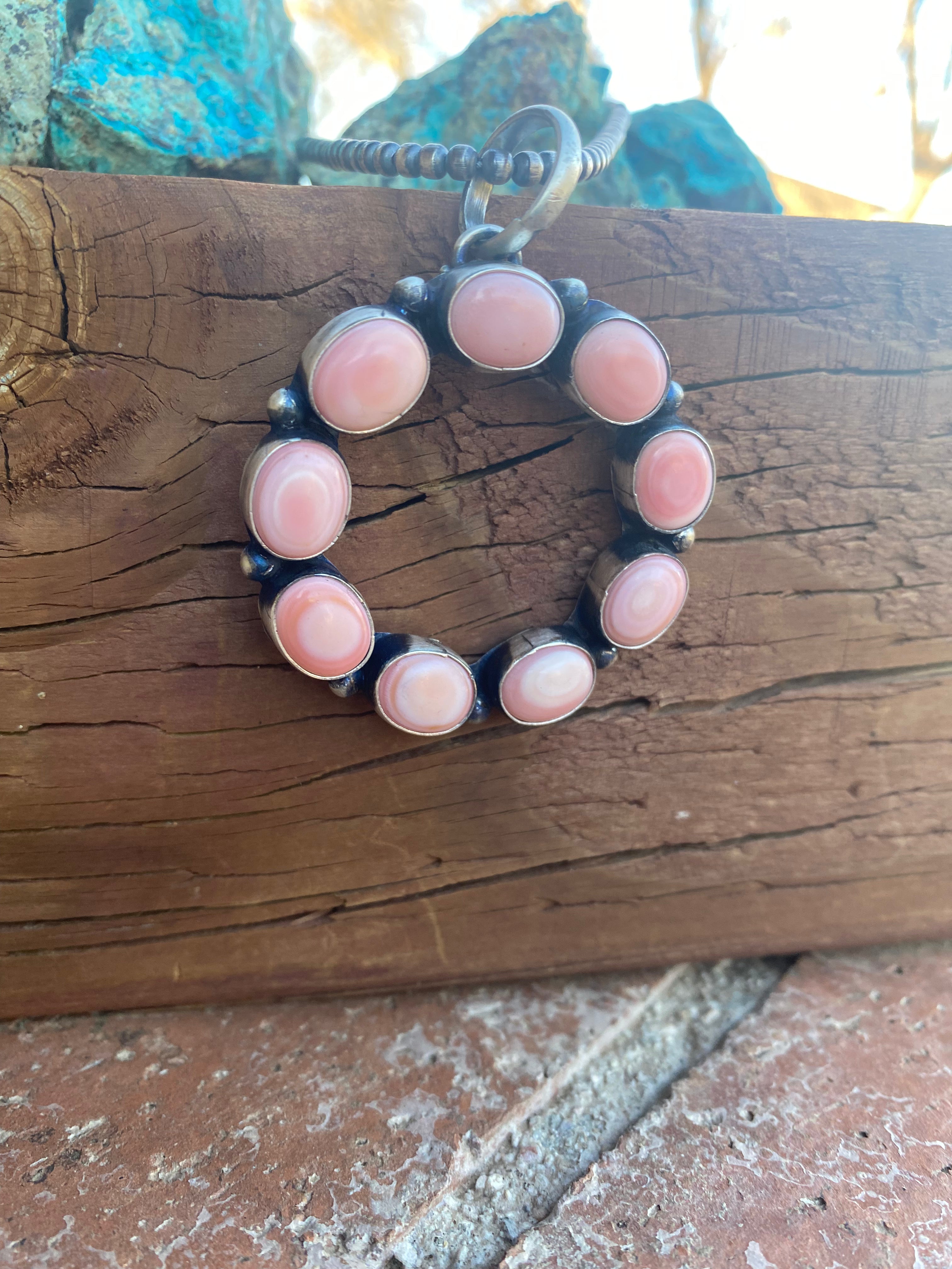 Handcrafted Round Queen Pink Conch & Sterling Silver Pendant Signed