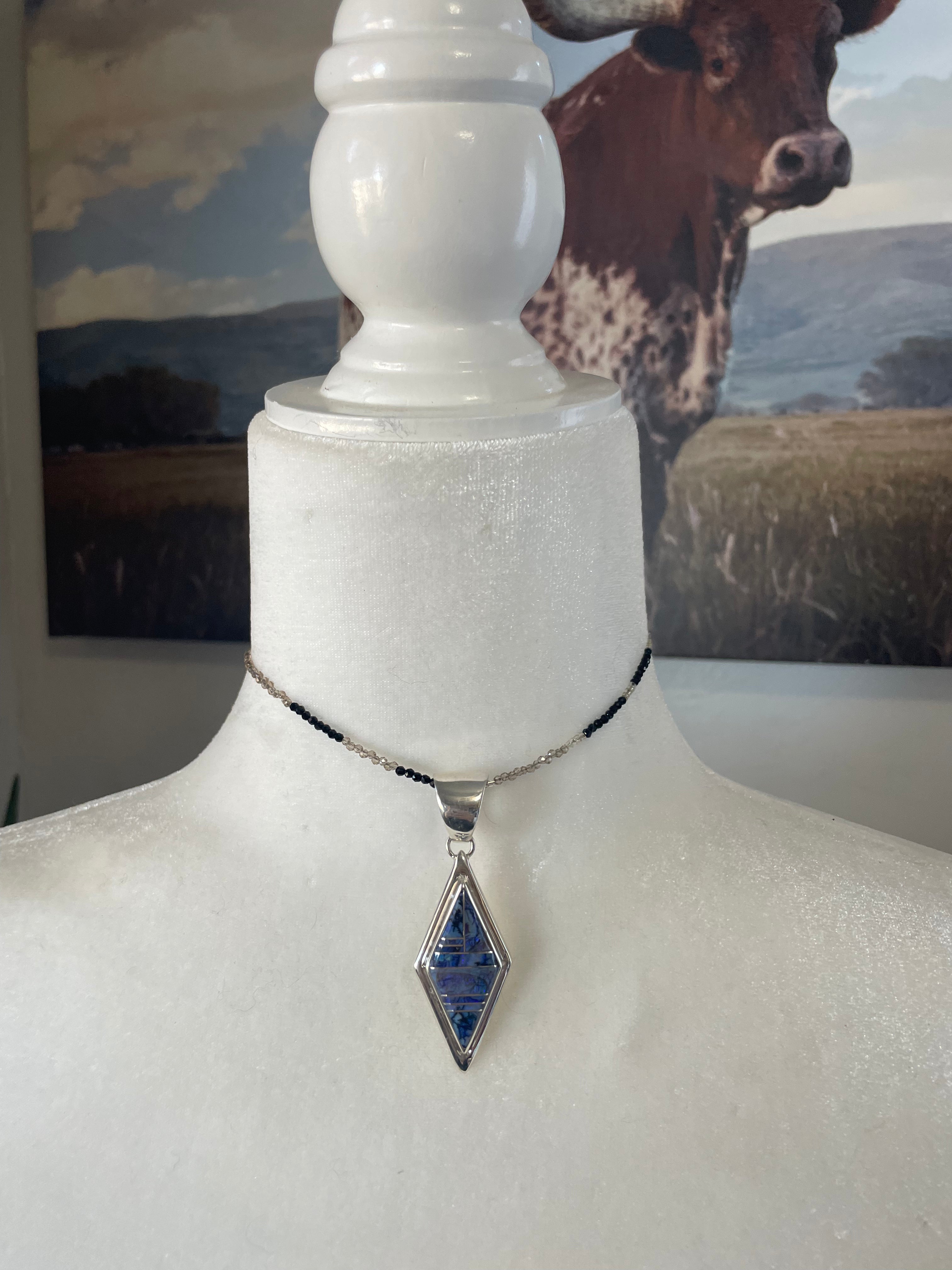 Handcrafted Sterling Silver & Blue Opal Inlay Diamond Pendant