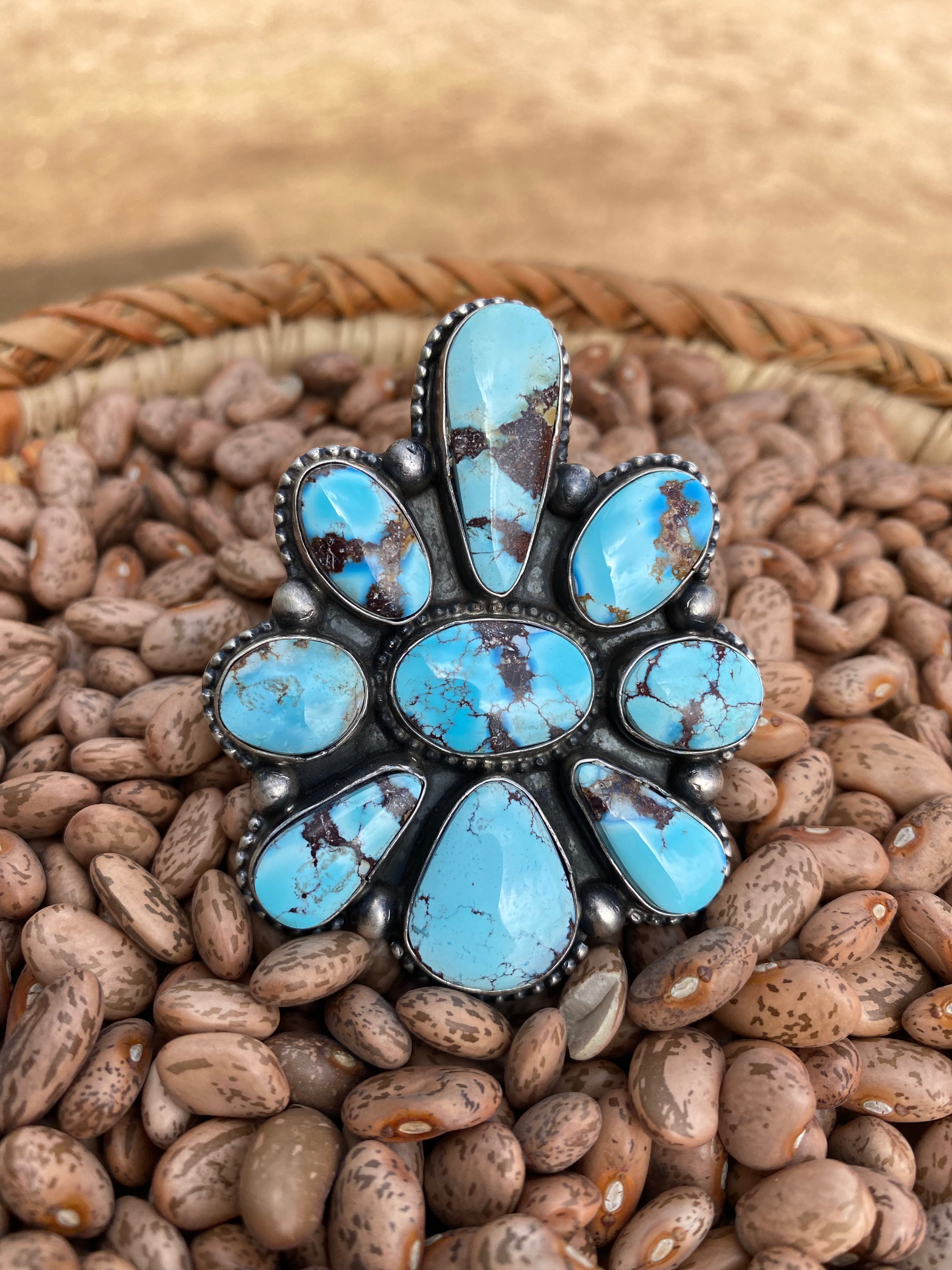 Navajo Golden Hills Turquoise & Sterling Silver Size 6.5 Signed Bobby Johnson