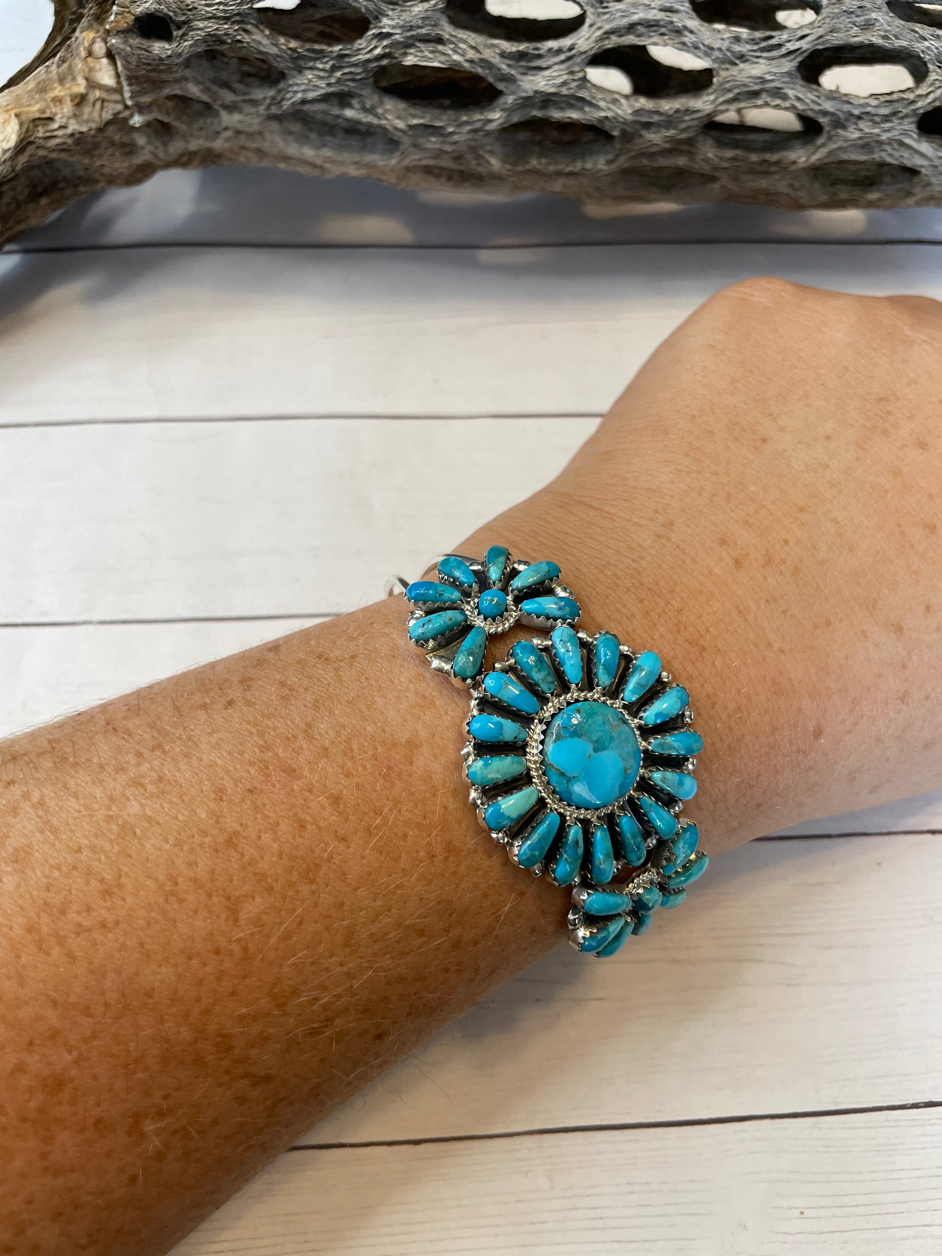 Handcrafted Sterling Silver And Kingman Turquoise Adjustable Cuff Bracelet Signed NF