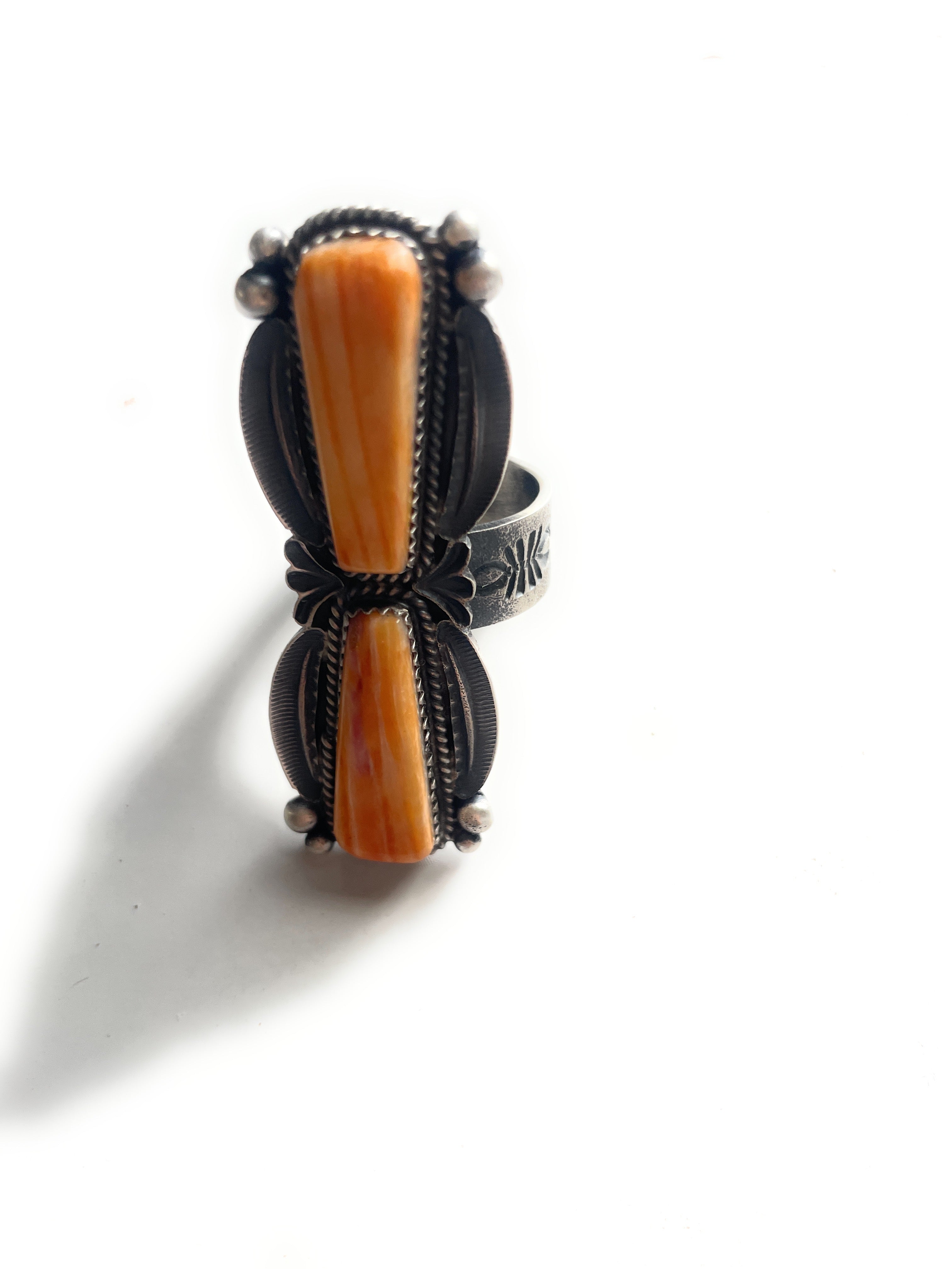Kevin Billah Handcrafted Sterling & 2 Stone Orange Spiny Ring Adjustable
