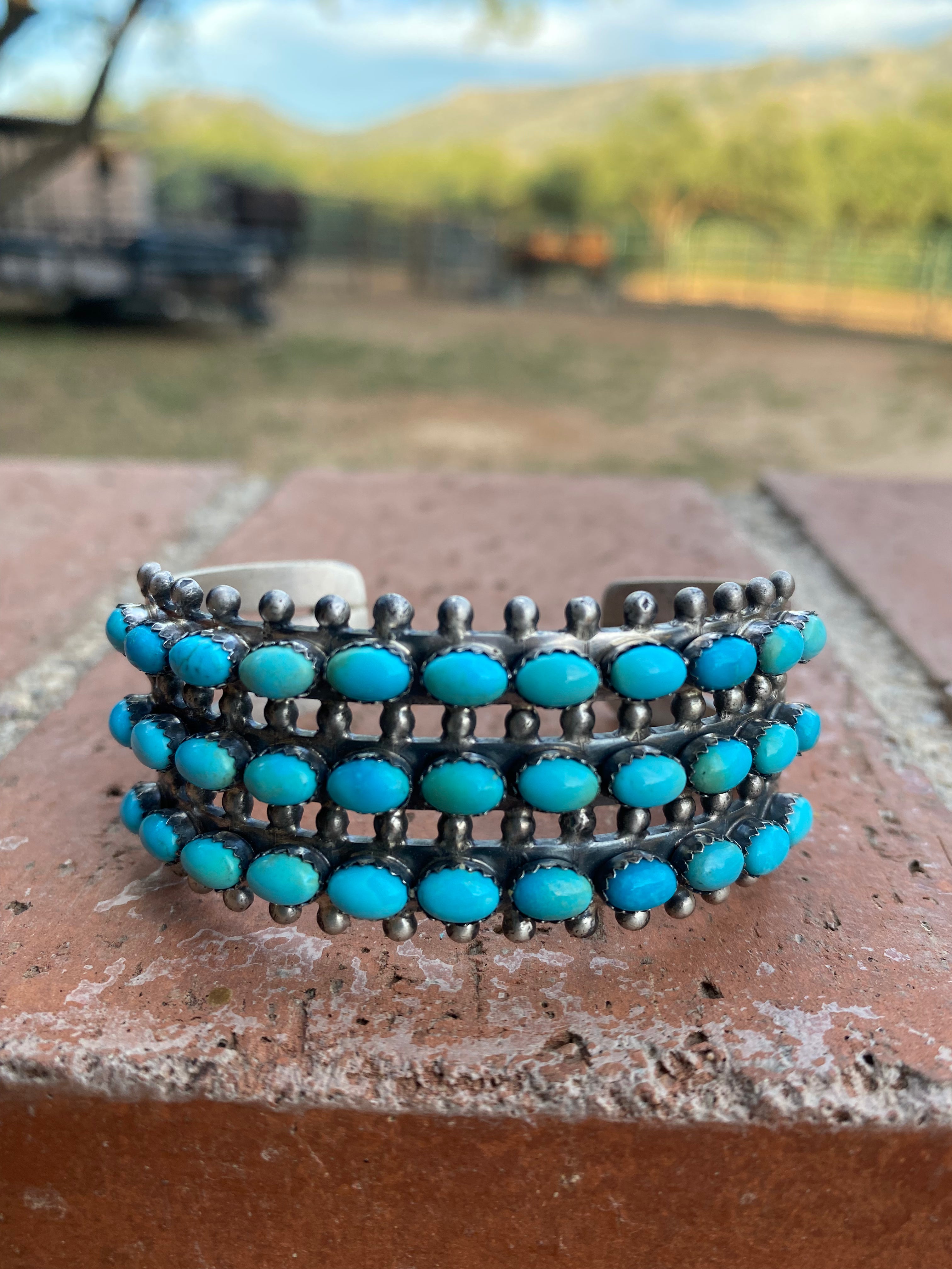 Paul Livingston Sterling Silver Snake Eye Carico Lake Turquoise 3 Row Cuff /