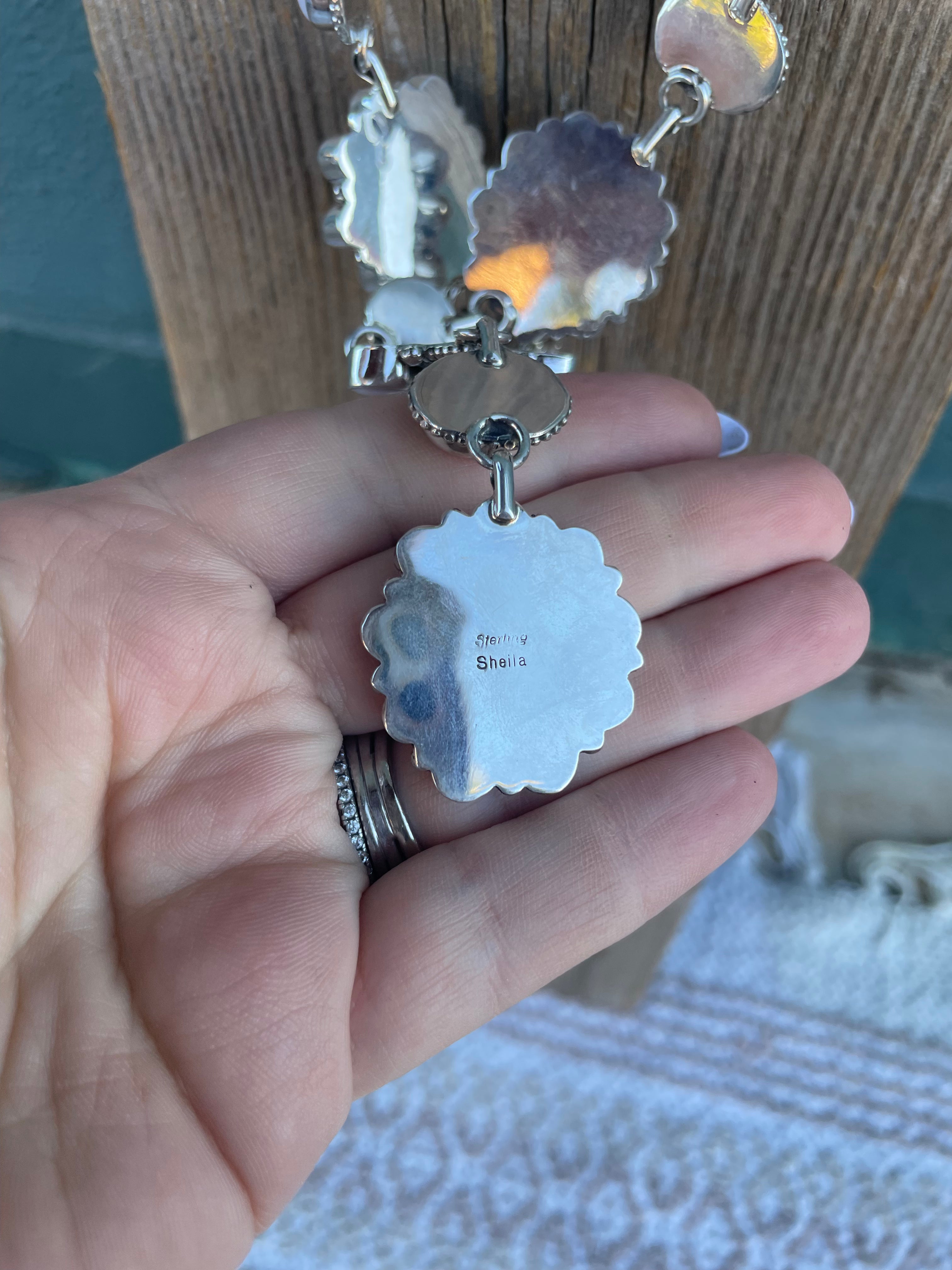 Handcrafted Queen Pink Conch Shell And Sterling Silver Lariat Necklace Earrings Set By Sheila Becenti