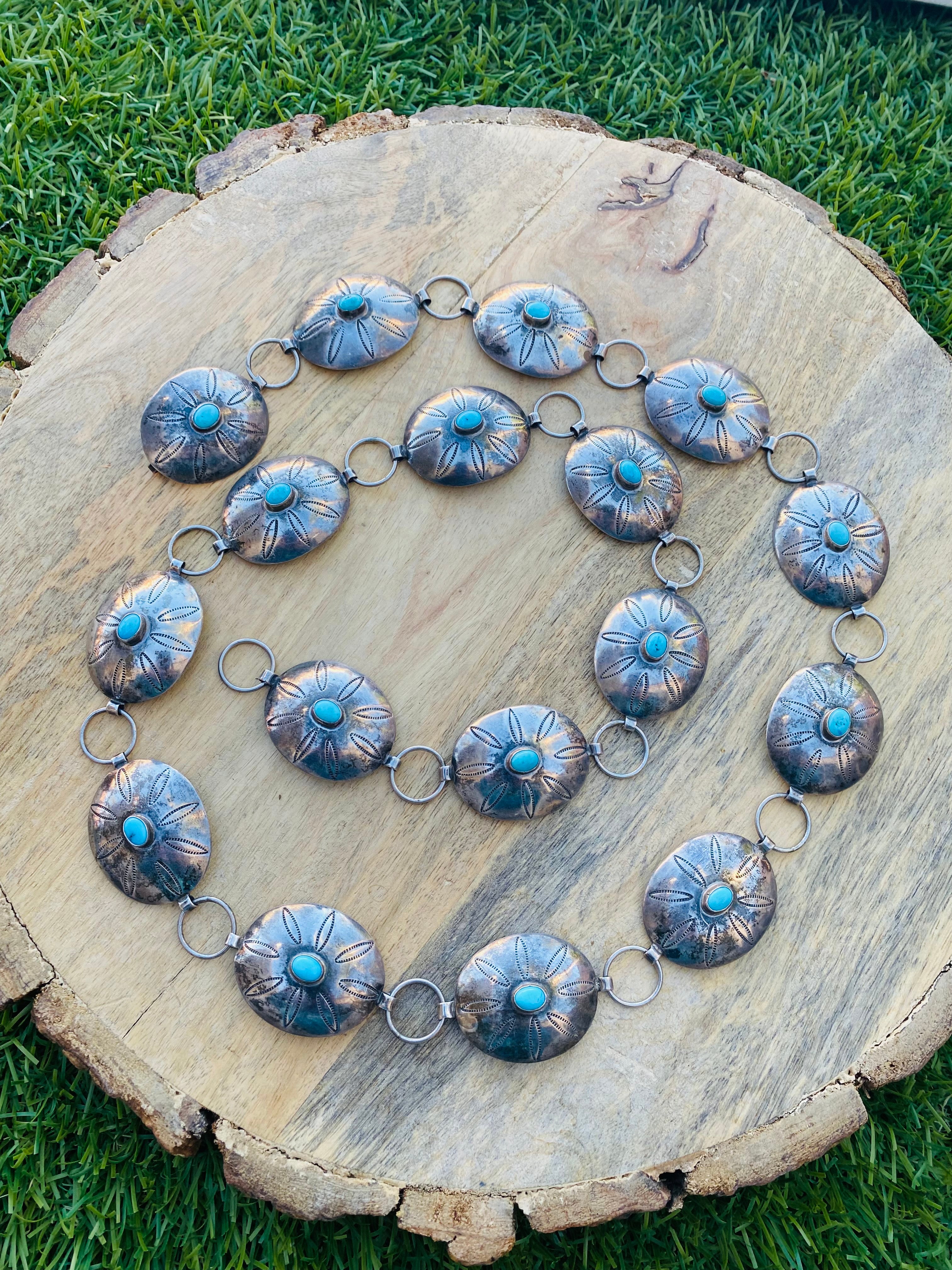 Handcrafted Vintage Turquoise & Sterling Silver Concho Belt