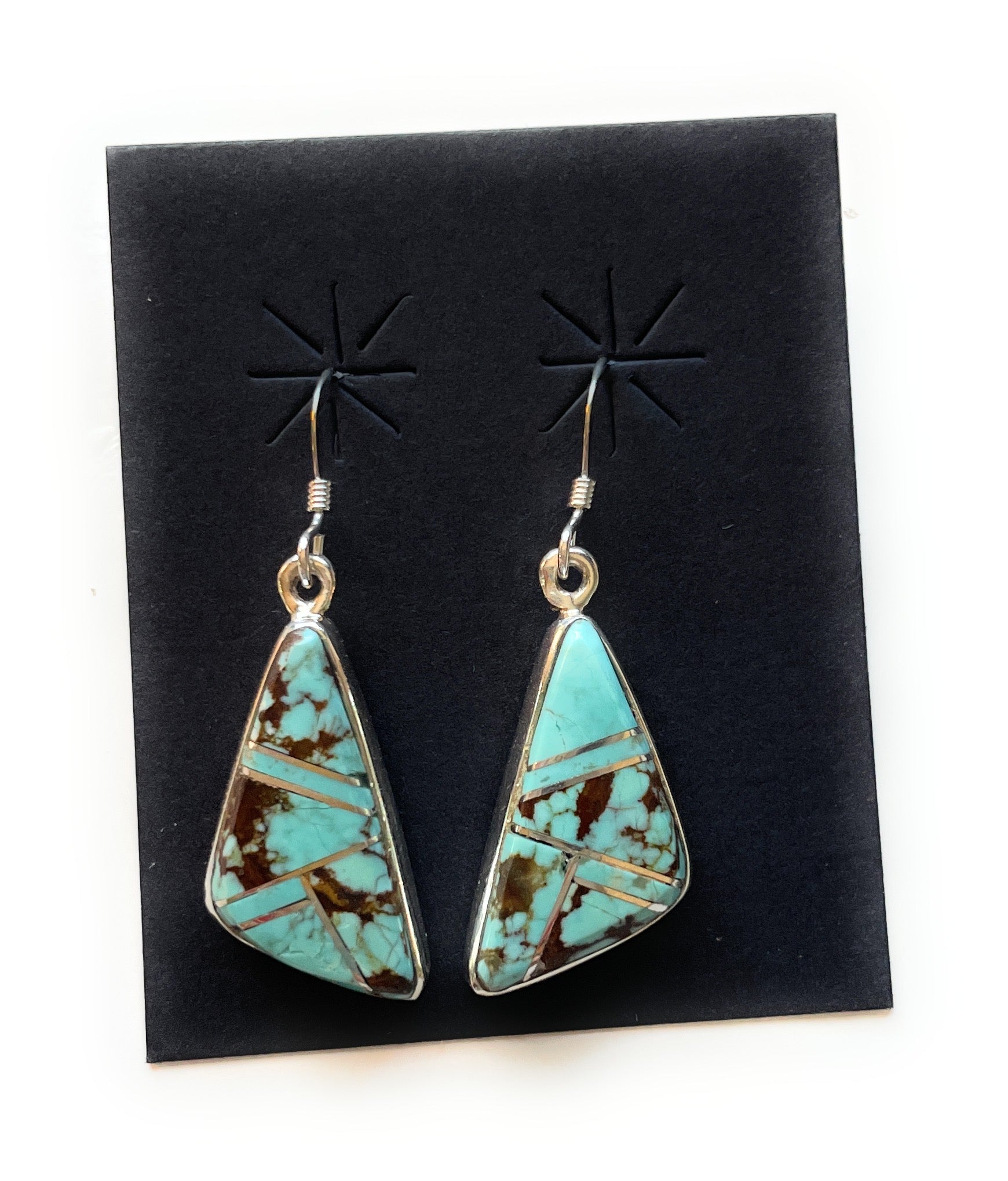 Handcrafted Number 8 Turquoise Inlay & Sterling Silver Dangle Earrings Signed