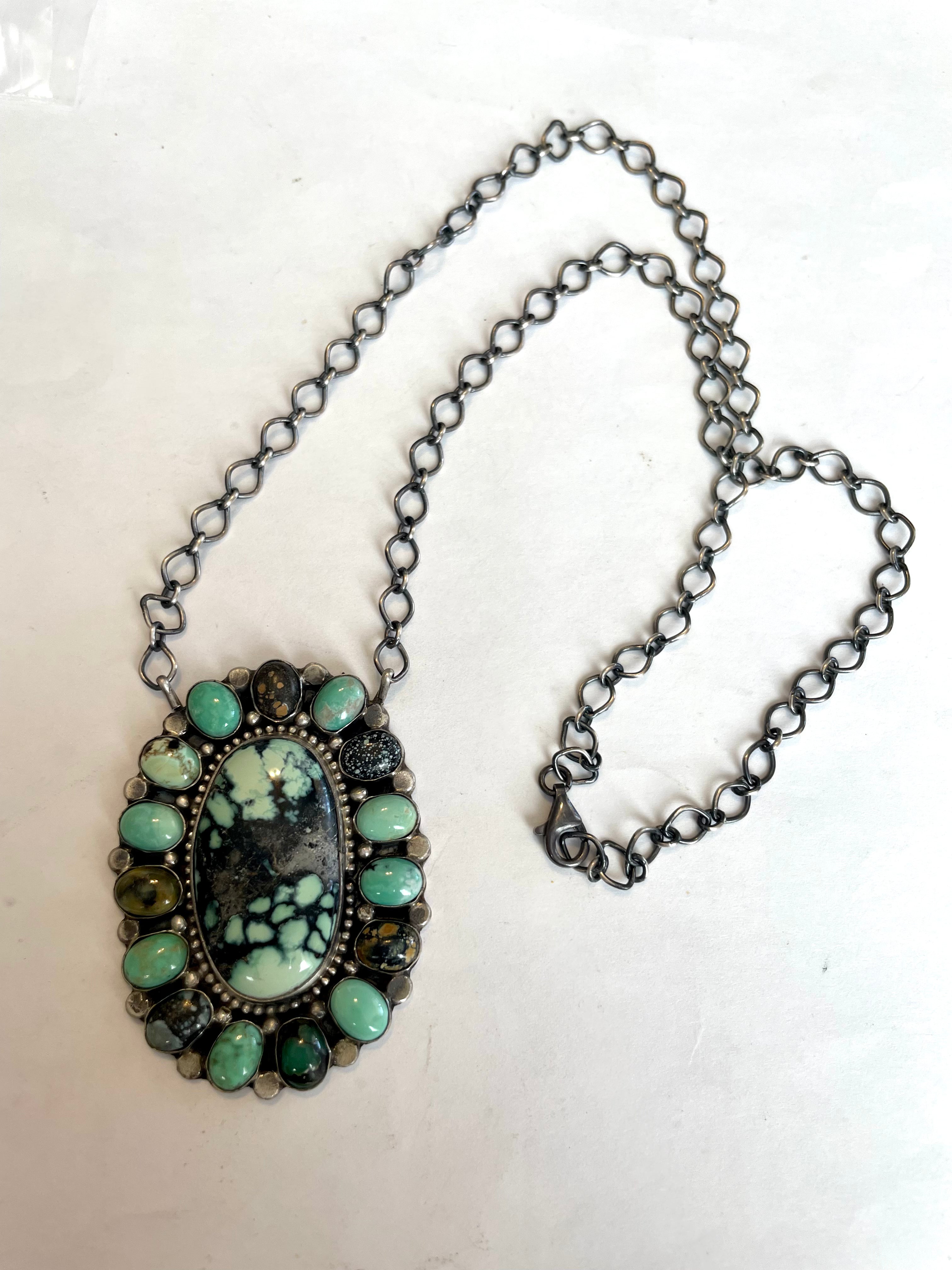 Navajo Royston & Carico Turquoise Sterling Silver Cluster Necklace by Sheila Becenti