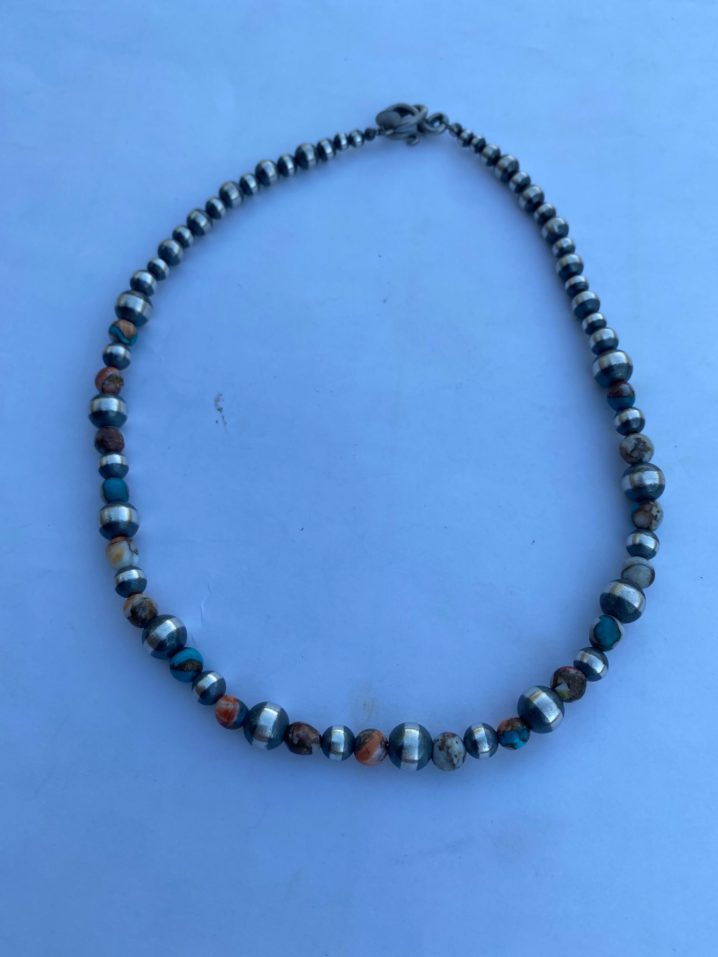 Handcrafted Turquoise & Spiny Spice Sterling Silver Beaded Necklace 16 inch