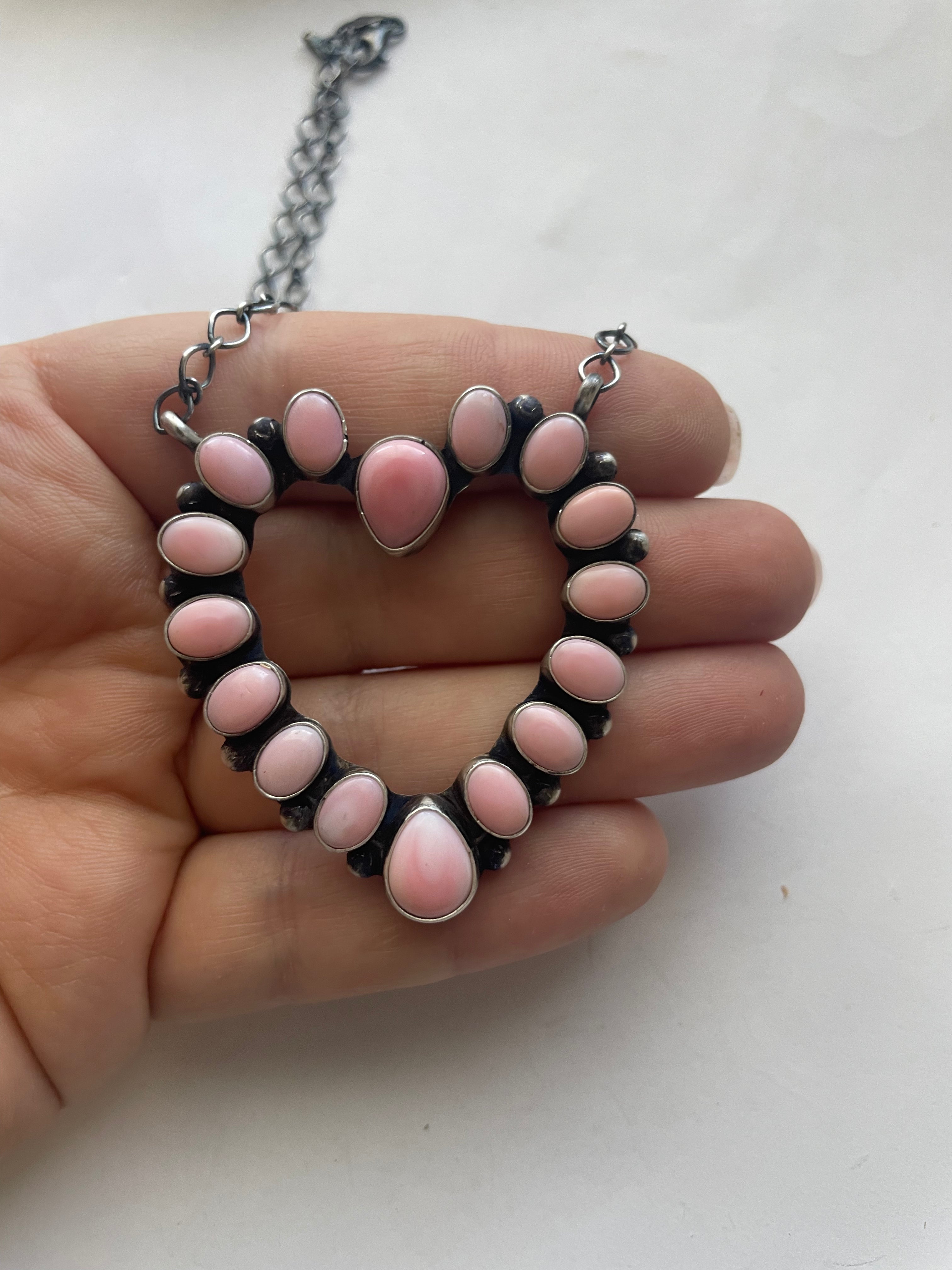 Handcrafted Queen Pink Conch Shell And Sterling Silver Heart Necklace Signed