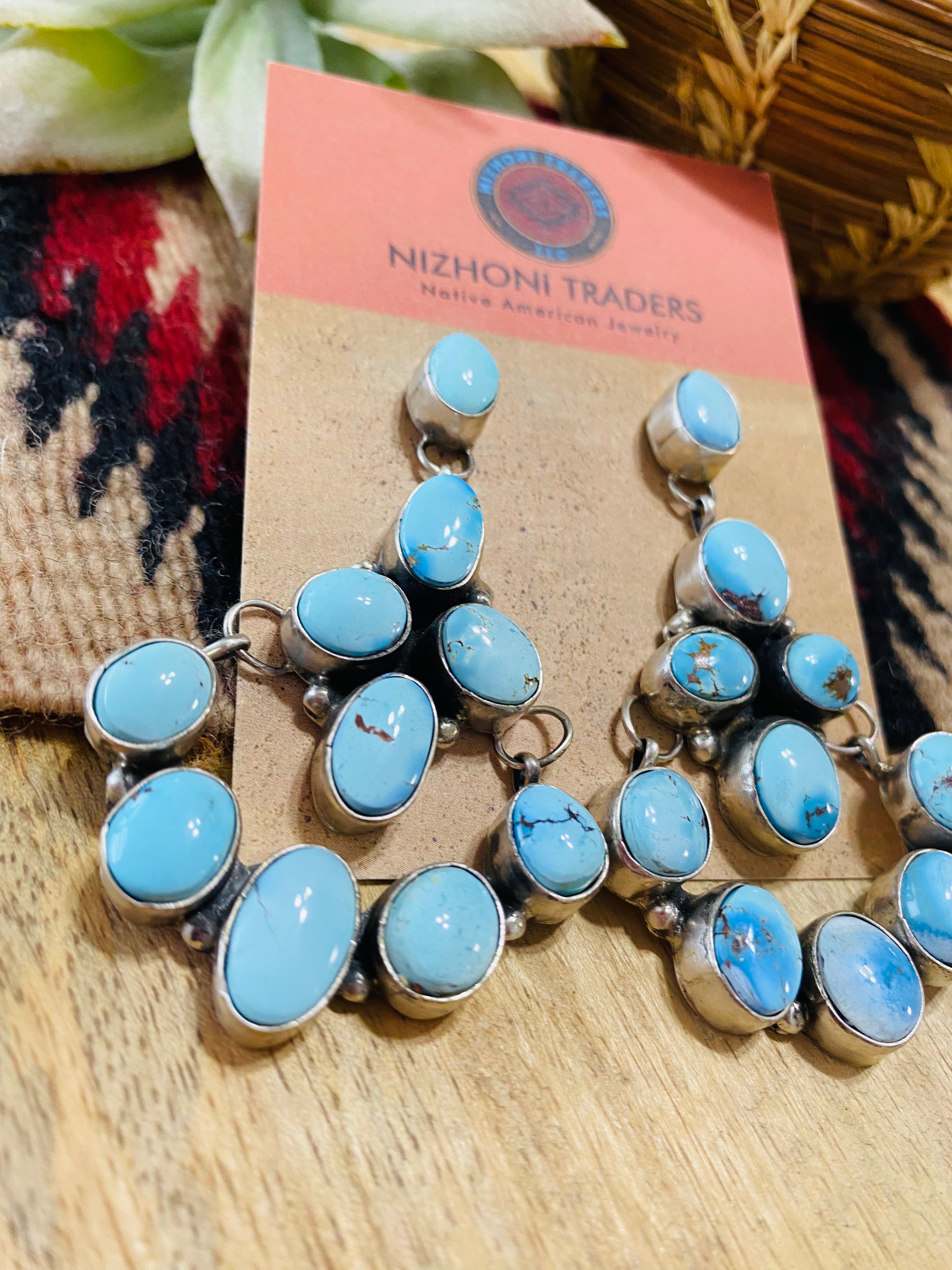 Navajo Golden Hills Turquoise & Sterling Silver Cluster Dangle Earrings