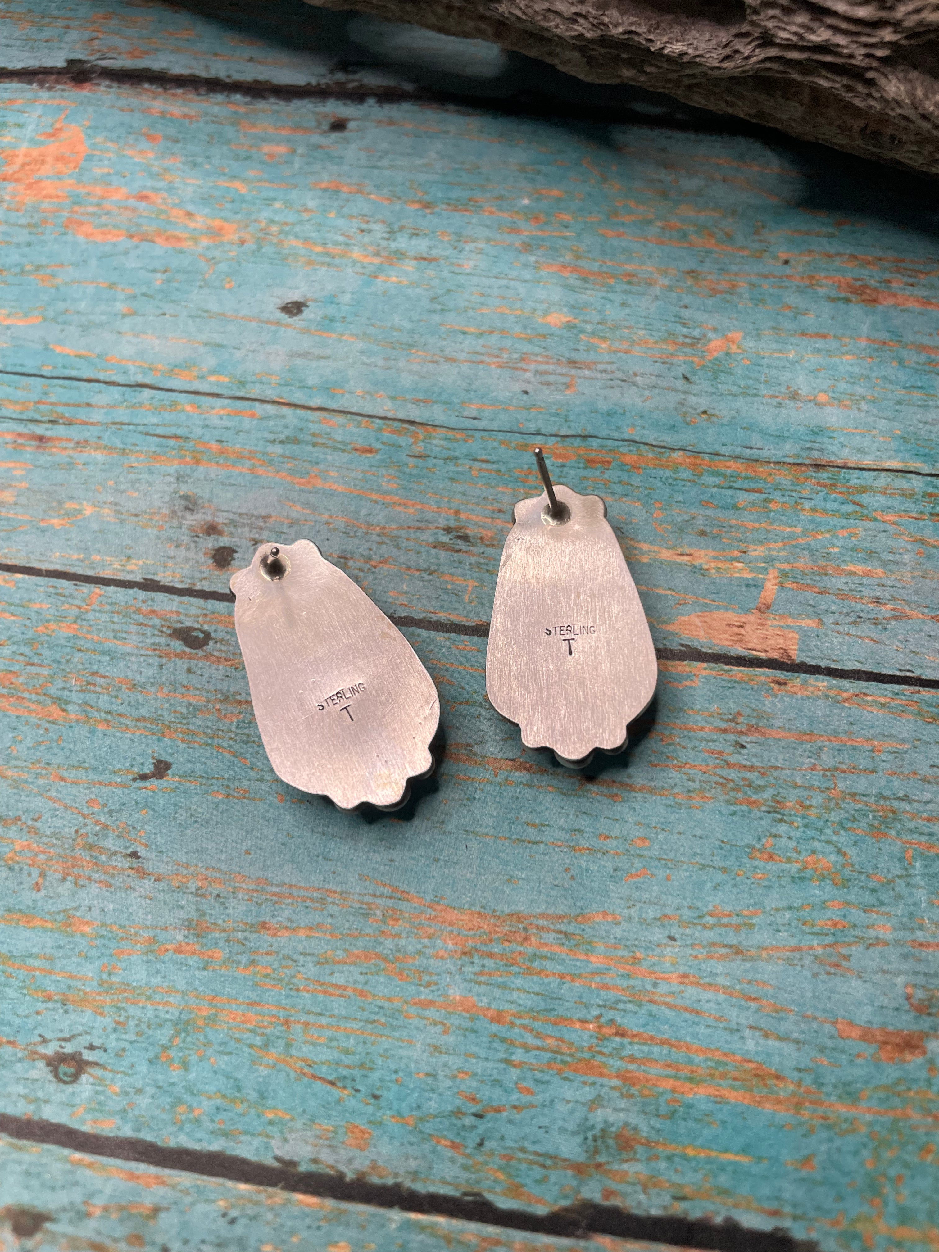 Navajo Apple Coral And Sterling Silver Post Earrings Signed