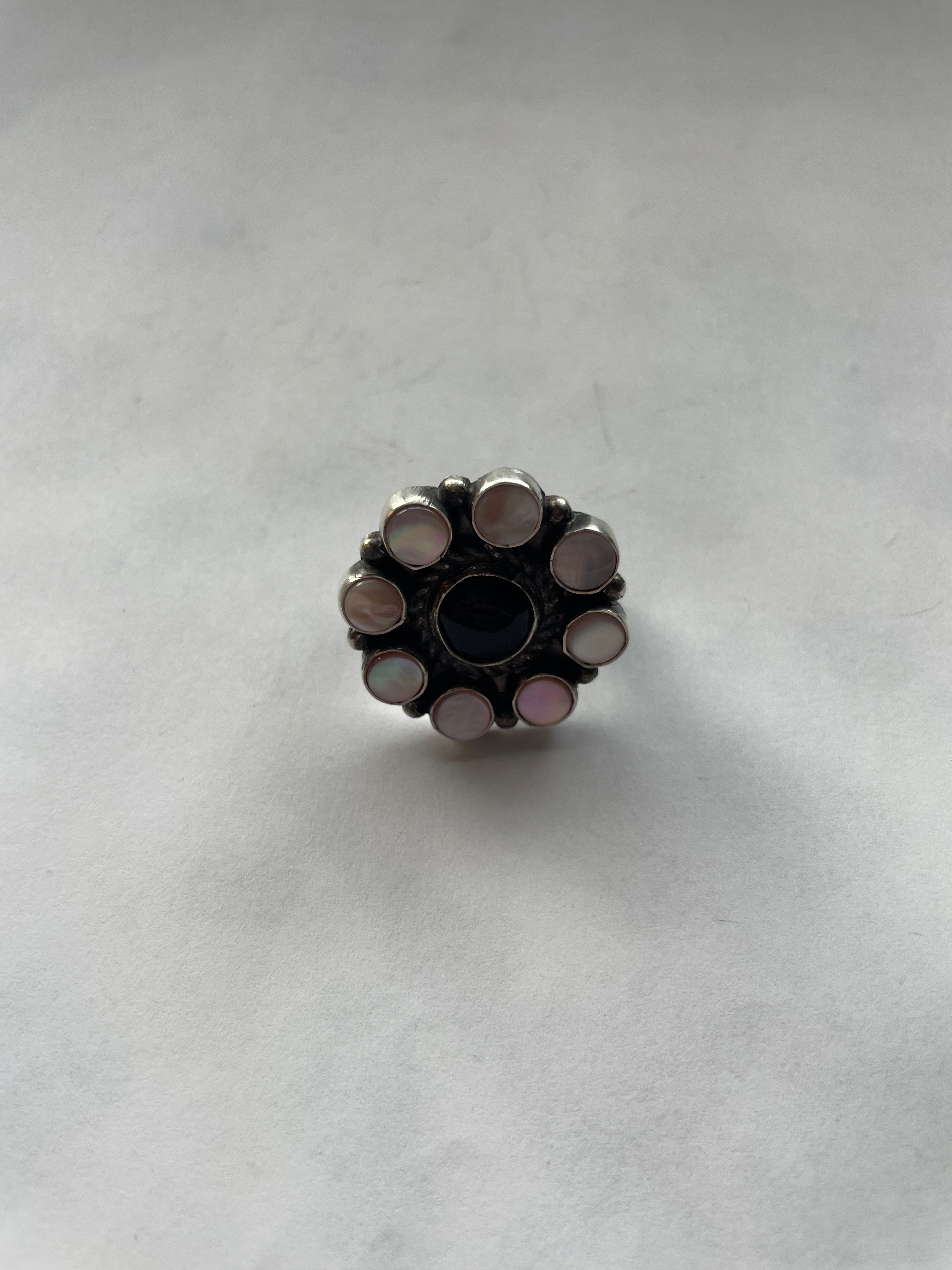 Handcrafted Sterling Silver, Black Onyx, Pink Conch Flower Cluster Adjustable Rings Signed