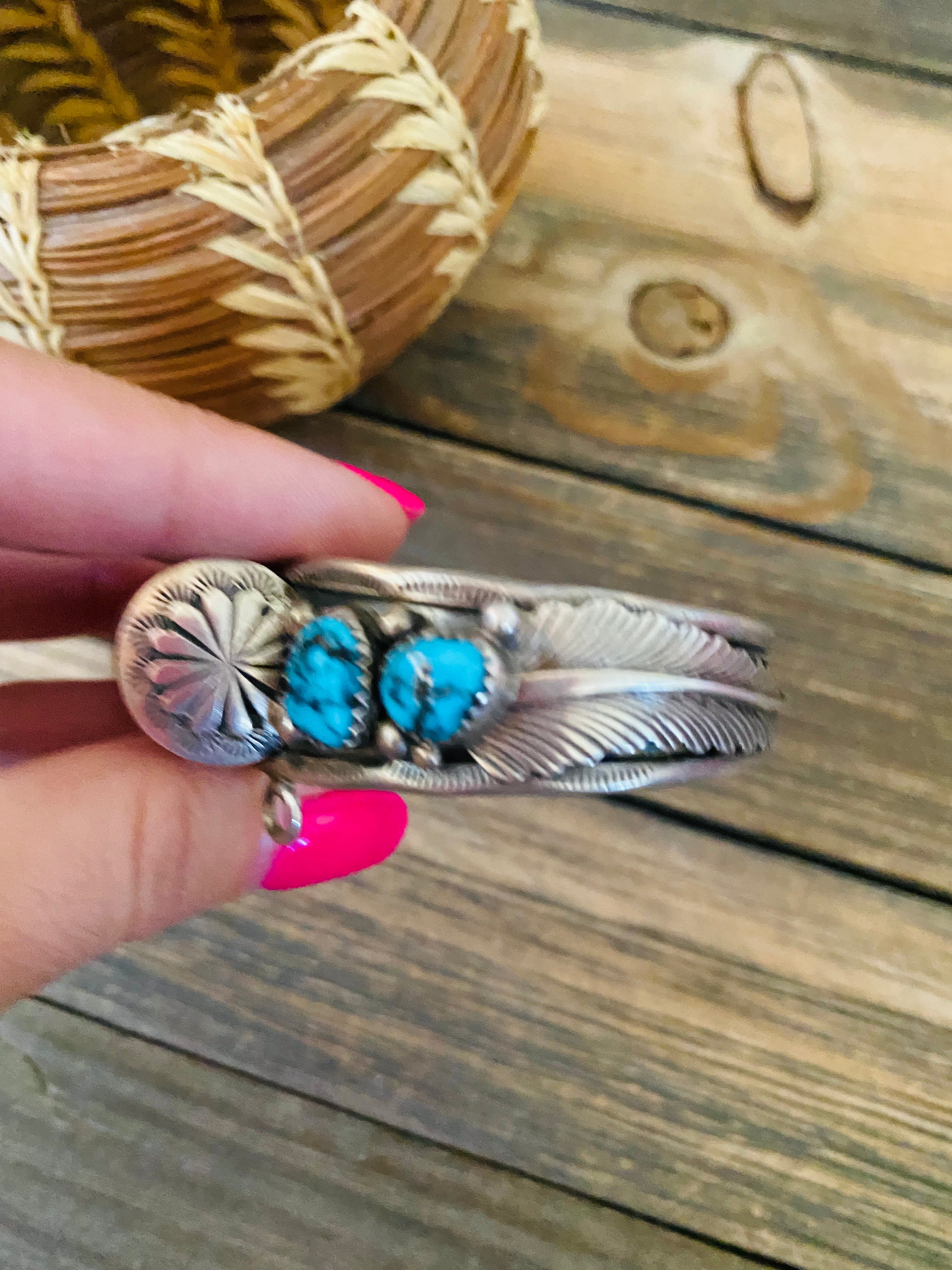 Old Pawn Vintage Navajo Turquoise & Sterling Silver Watch Cuff Signed