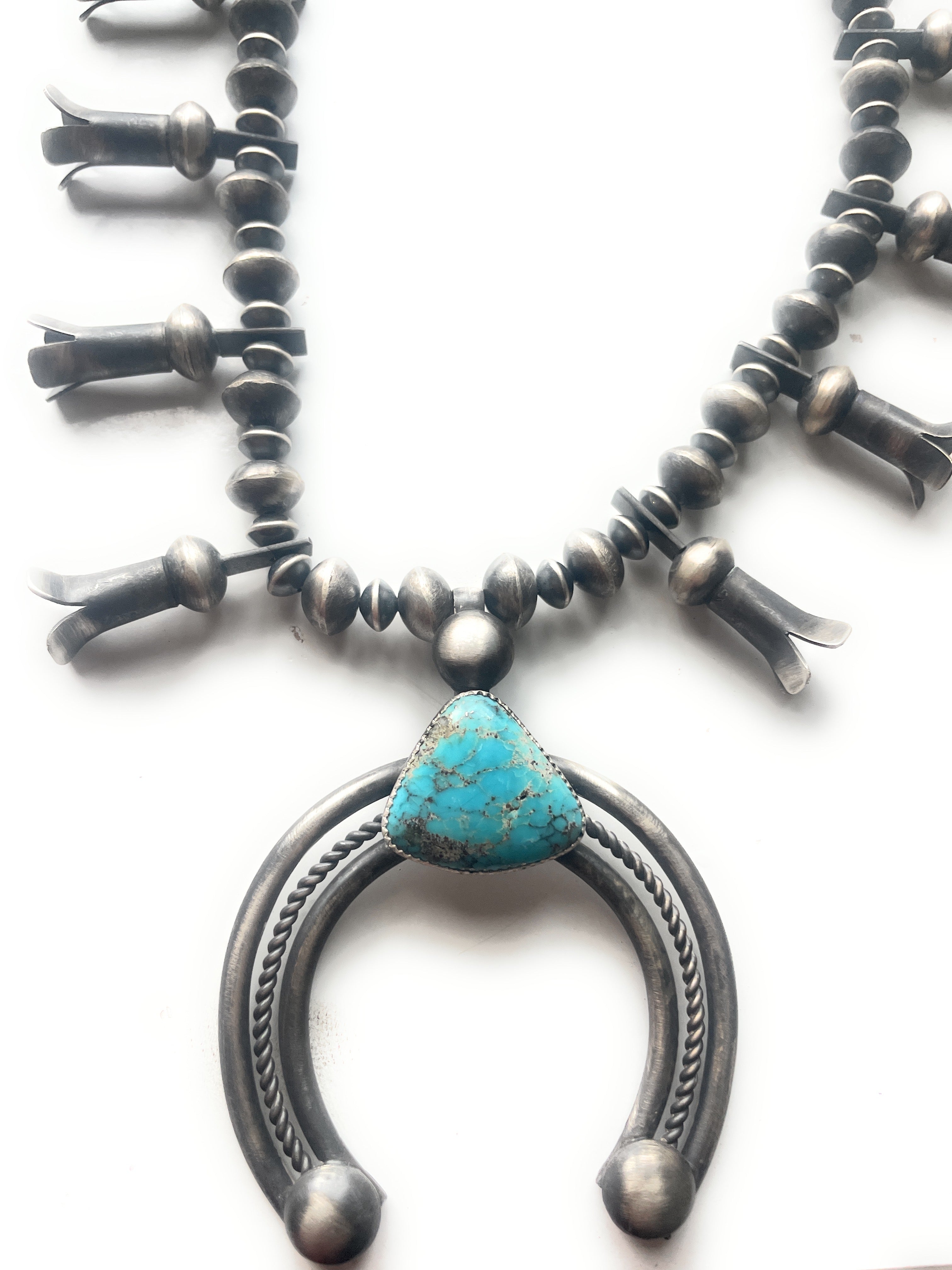 Vintage Navajo Kingman Turquoise & Sterling Silver Beaded Squash Blossom Necklace Signed