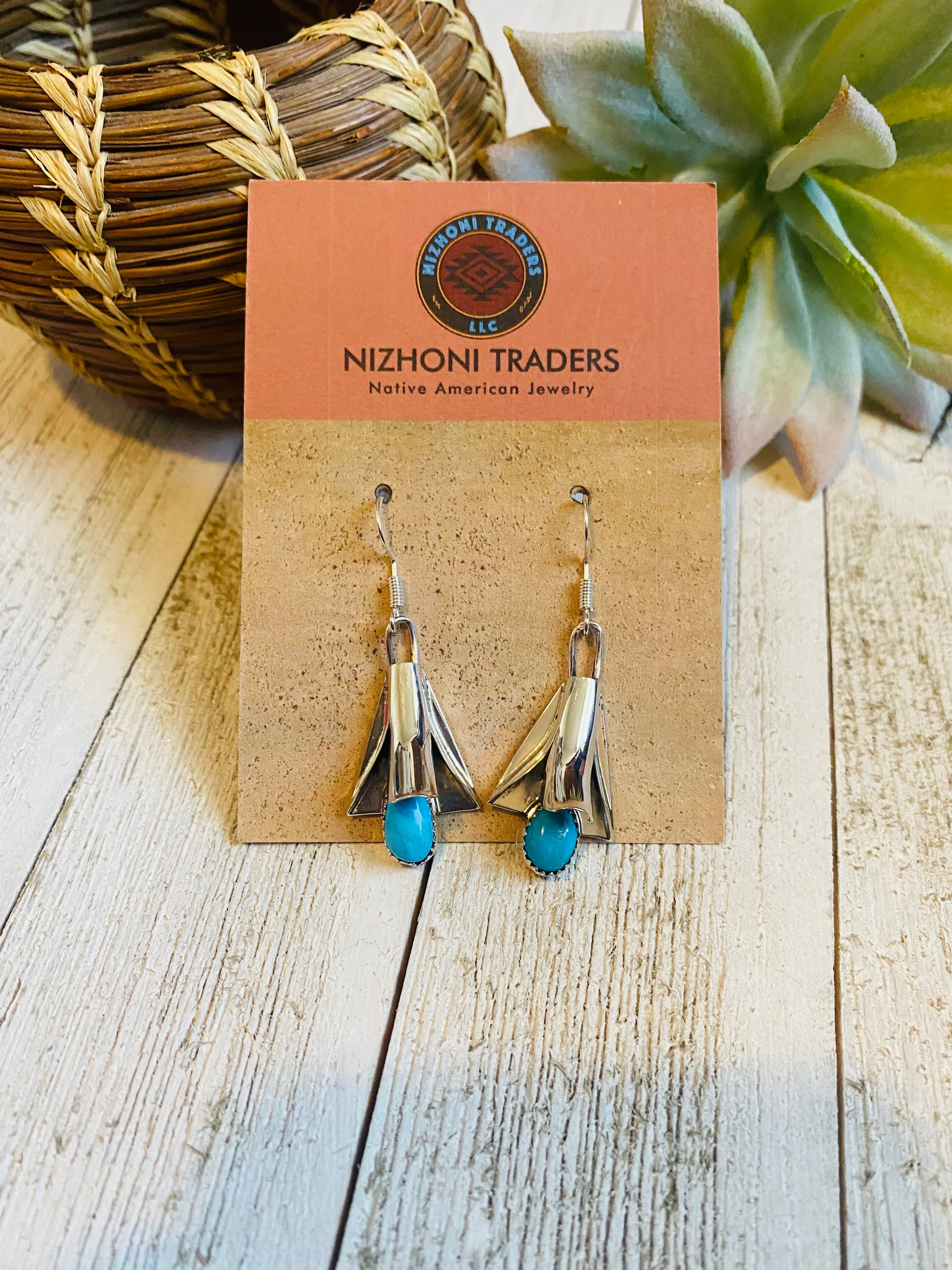 Handcrafted Turquoise & Sterling Silver Blossom Dangle Earrings