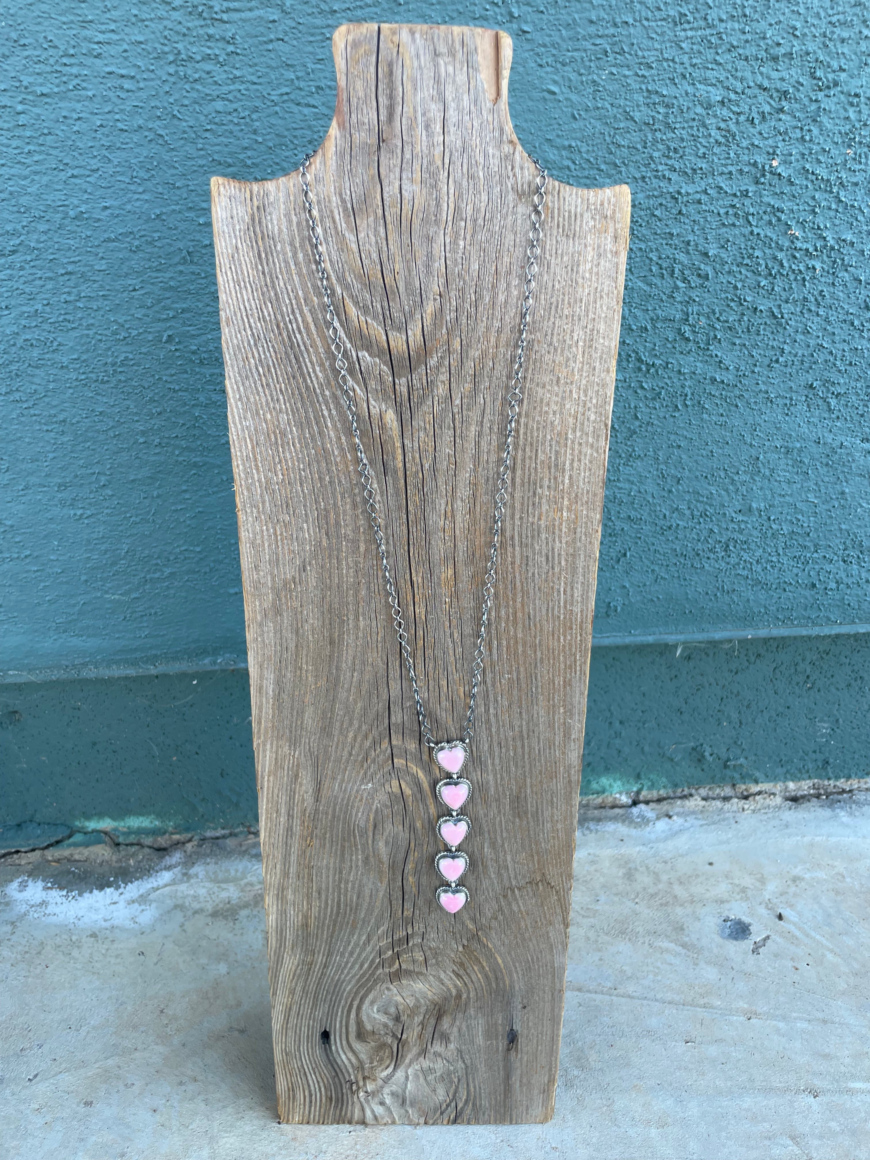 Handcrafted Queen Pink Conch Shell And Sterling Silver Drop 5 Heart Necklace by Peggy Skeets