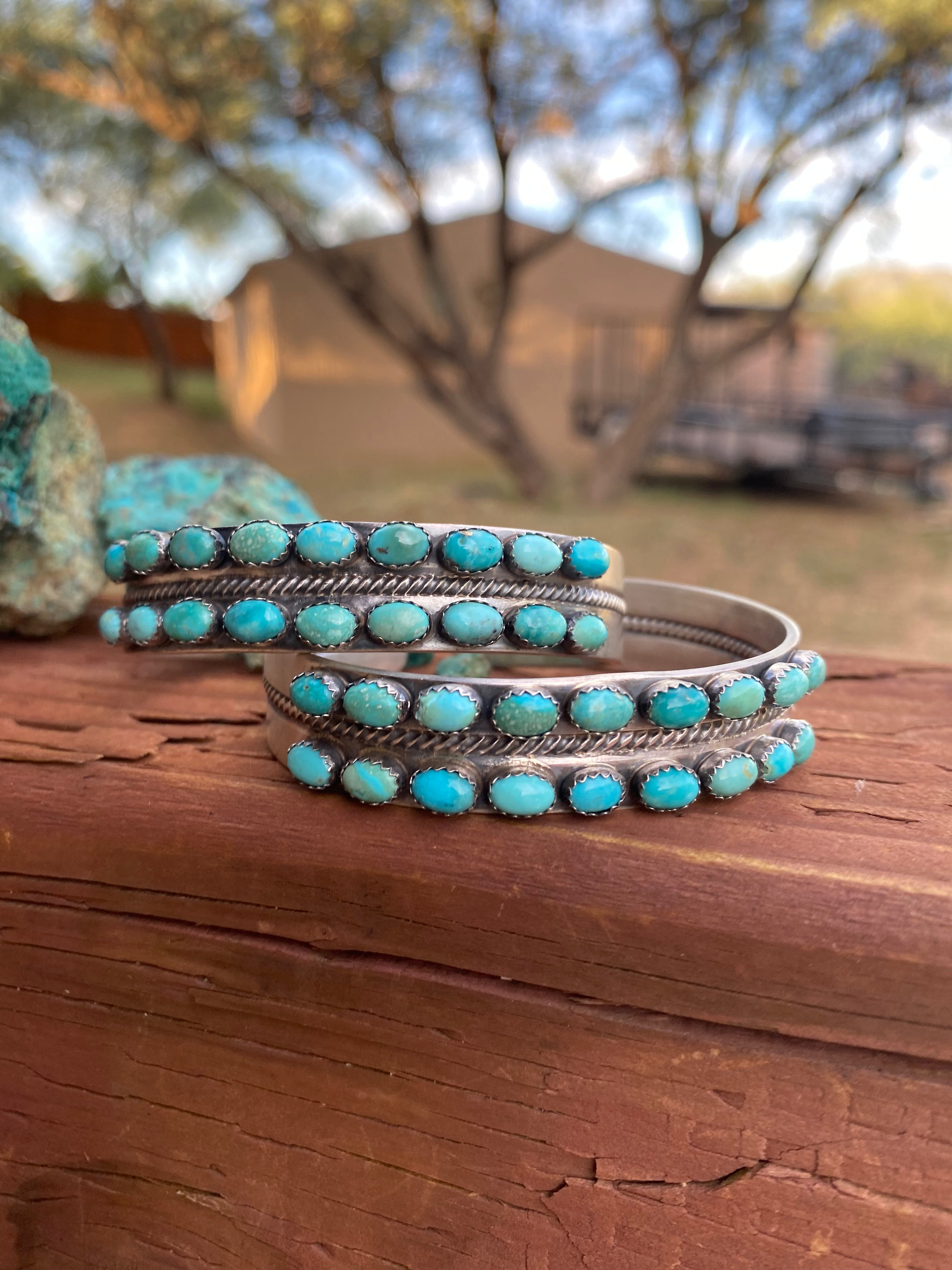 Paul Livingston Sterling Silver Snake Eye Carico Lake Turquoise 2 Row Cuff