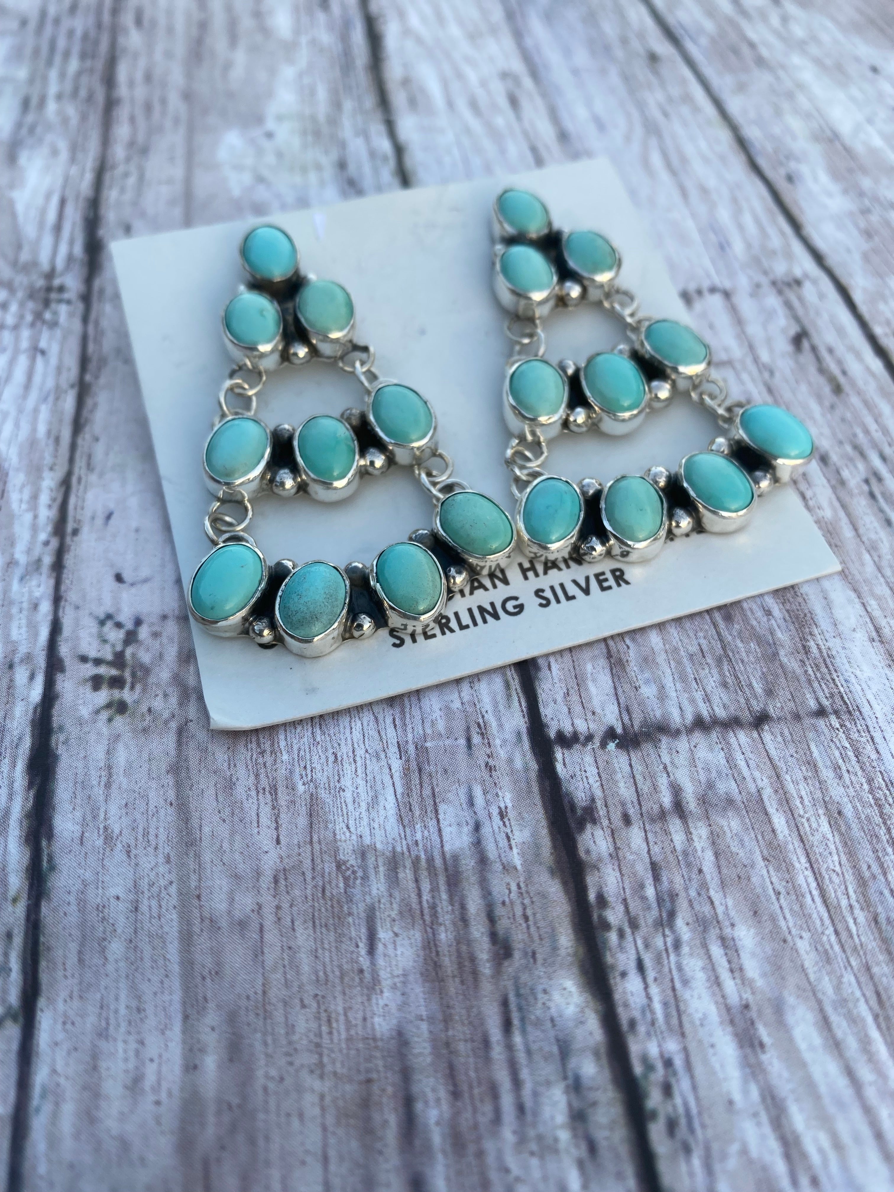 Carico Lake Turquoise & Sterling Silver Cluster Dangle Earrings Signed