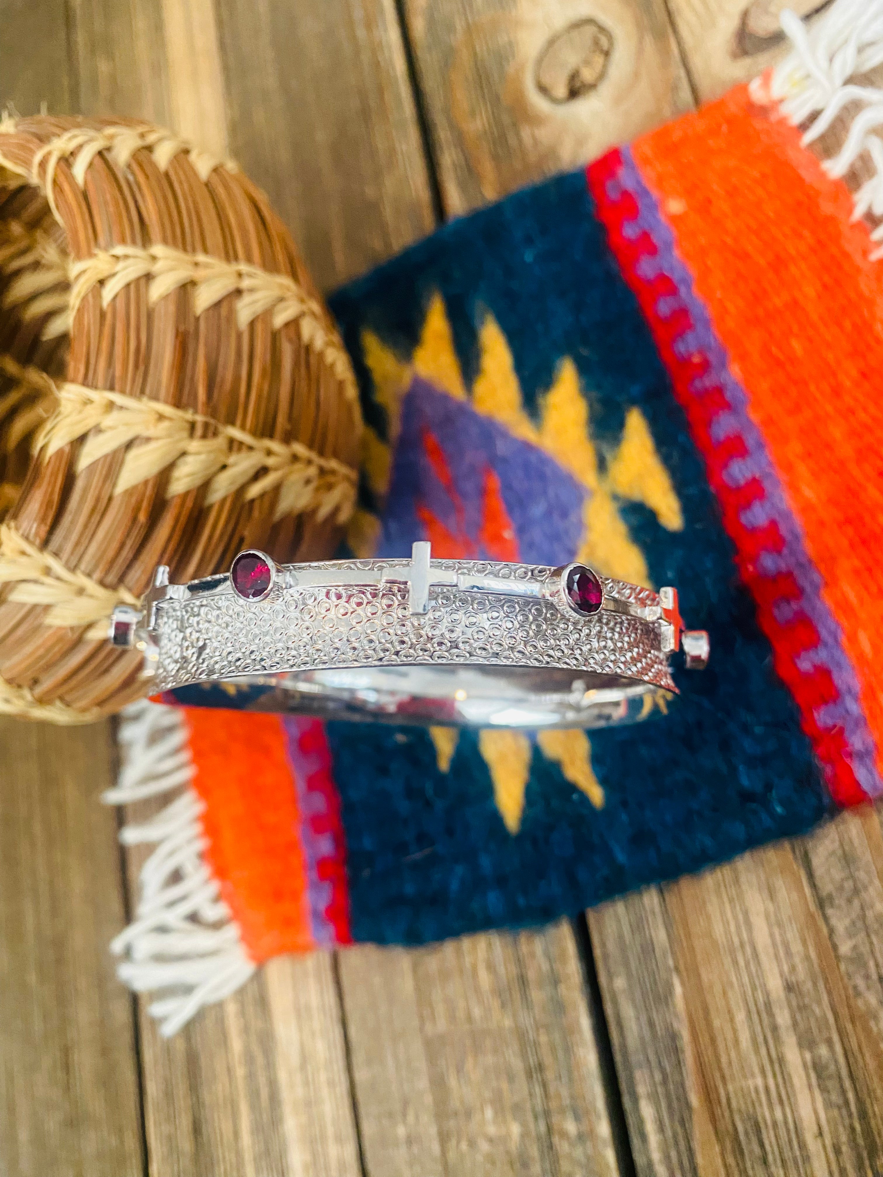 Navajo Sterling Silver & Topaz Bangle Bracelet Signed