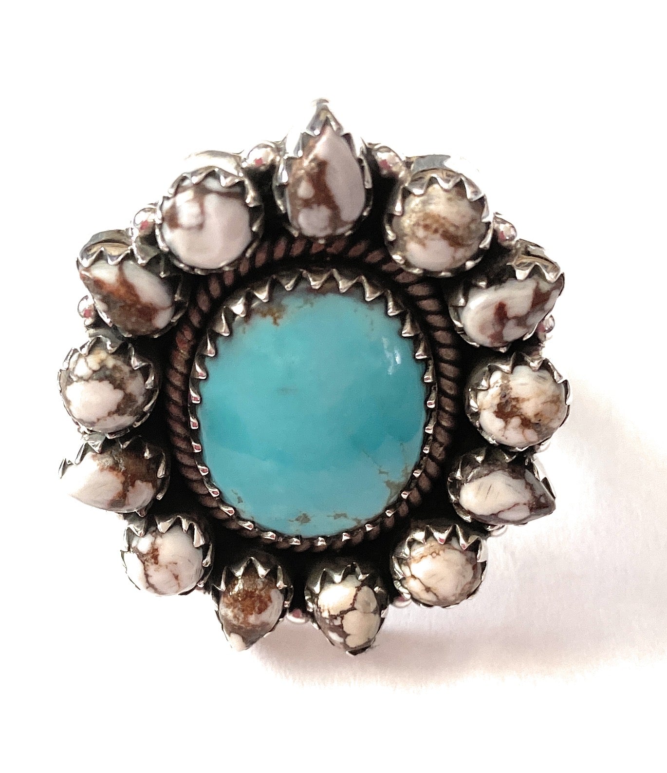 Handmade Sterling Silver, Wild Horse & Turquoise Cluster Adjustable Ring