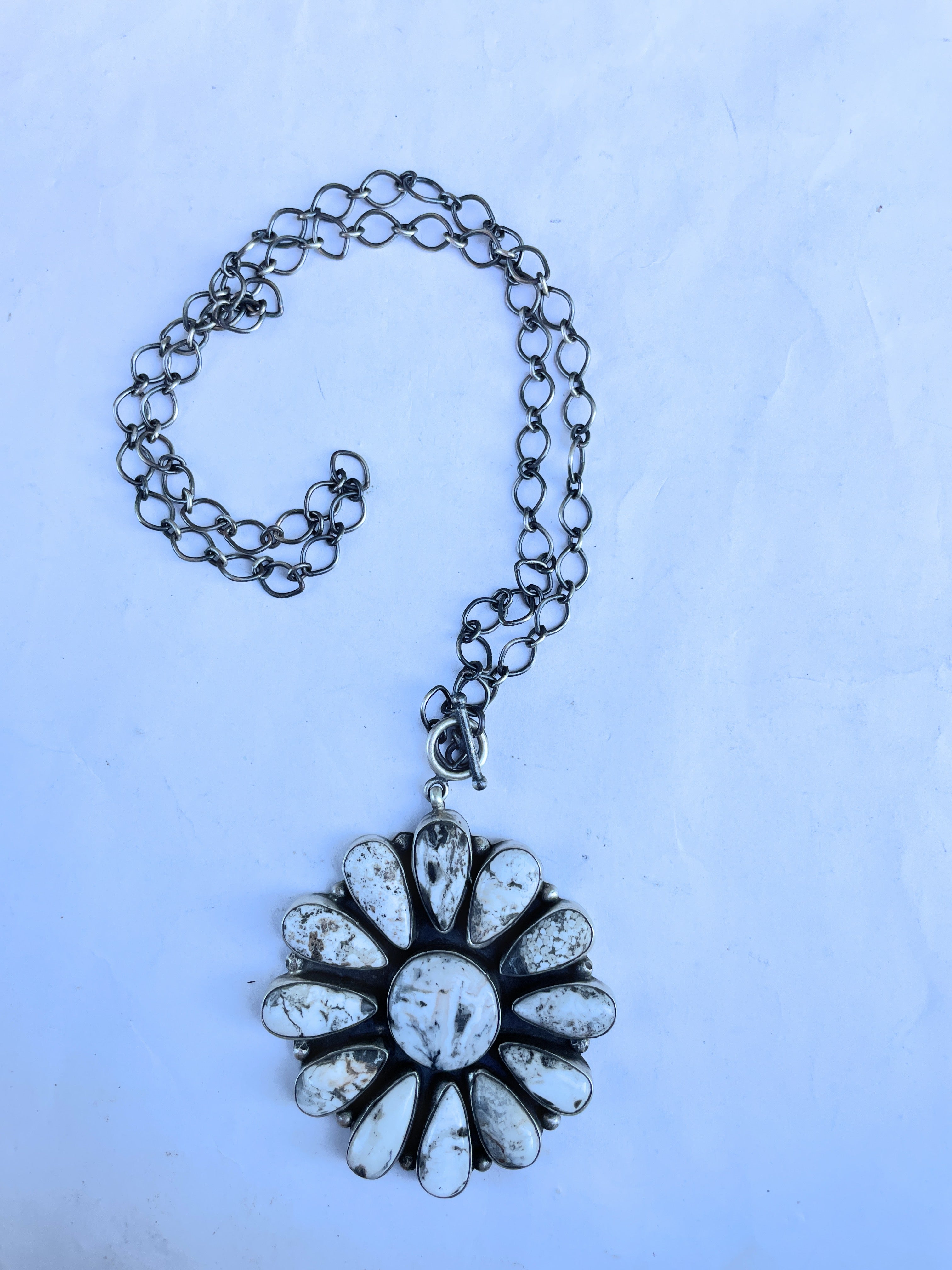 Navajo Sterling Silver And White Buffalo Cluster Necklace By Ella Peter