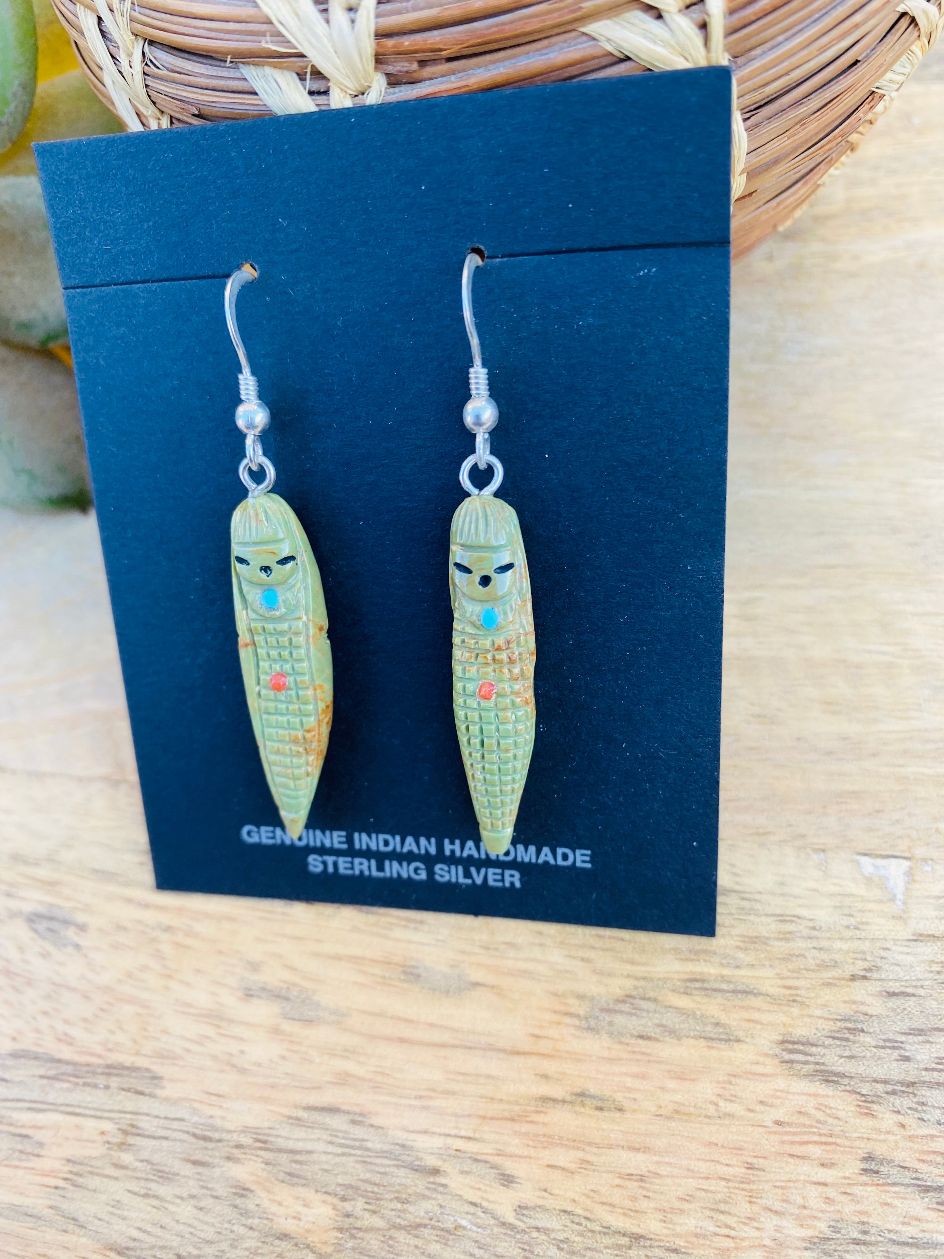 Vintage Zuni Hand Carved Turquoise Corn Maiden Fetish Earrings