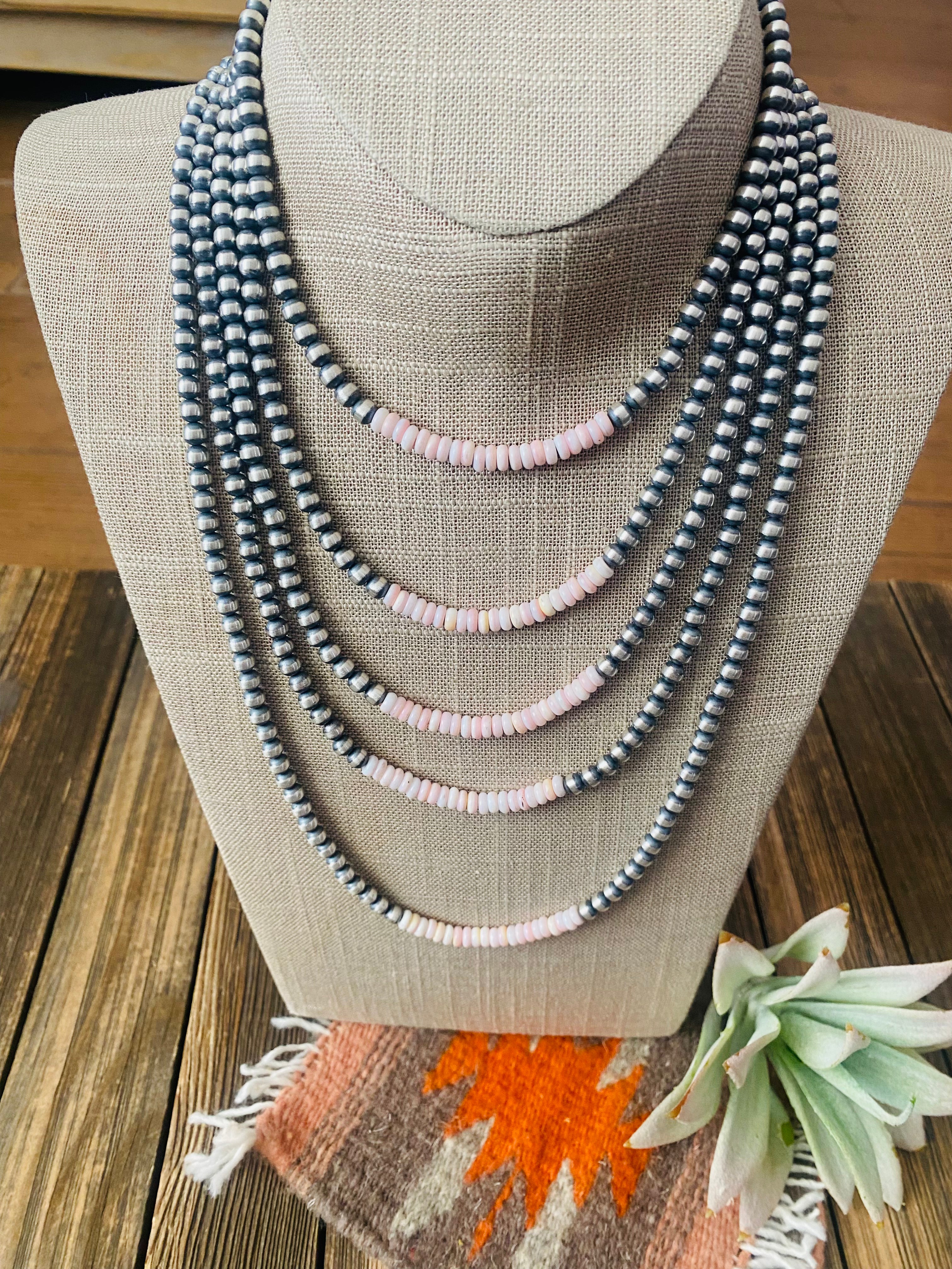 Handcrafted Sterling Silver Pearl & Queen Pink Conch Beaded Necklace 5mm