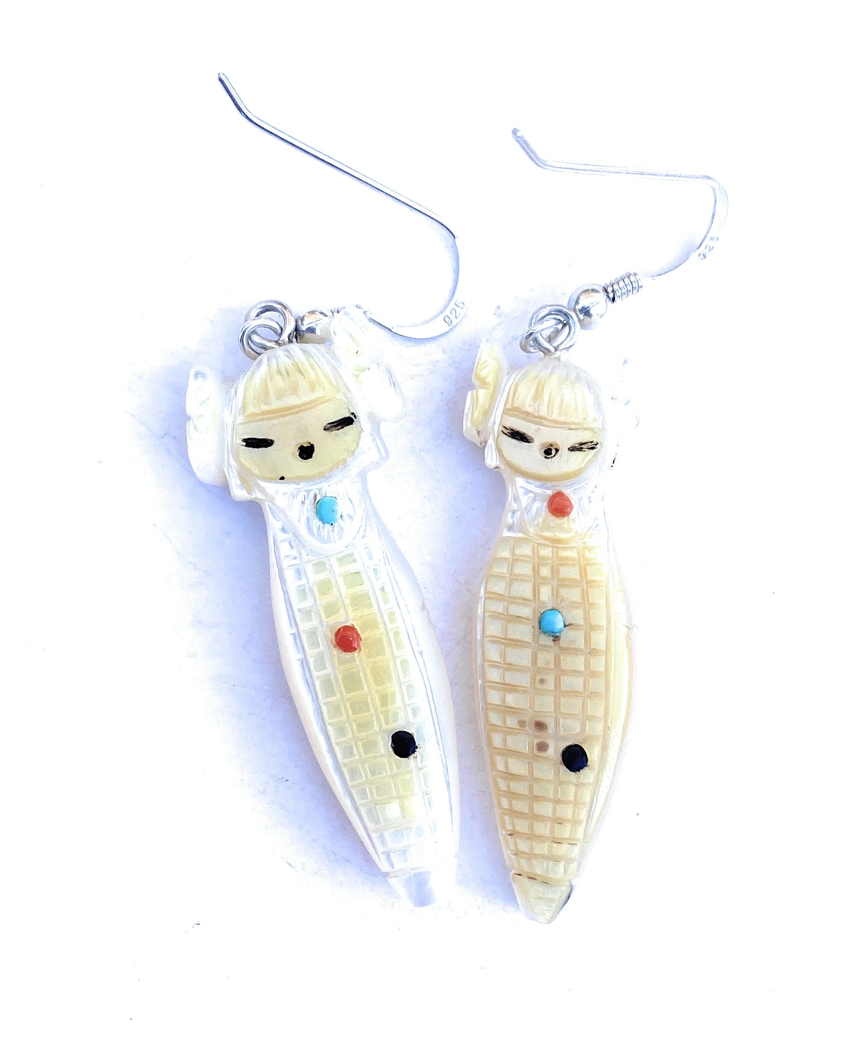 Vintage Handcrafted Hand Carved Mother of Pearl Corn Maiden Fetish Earrings