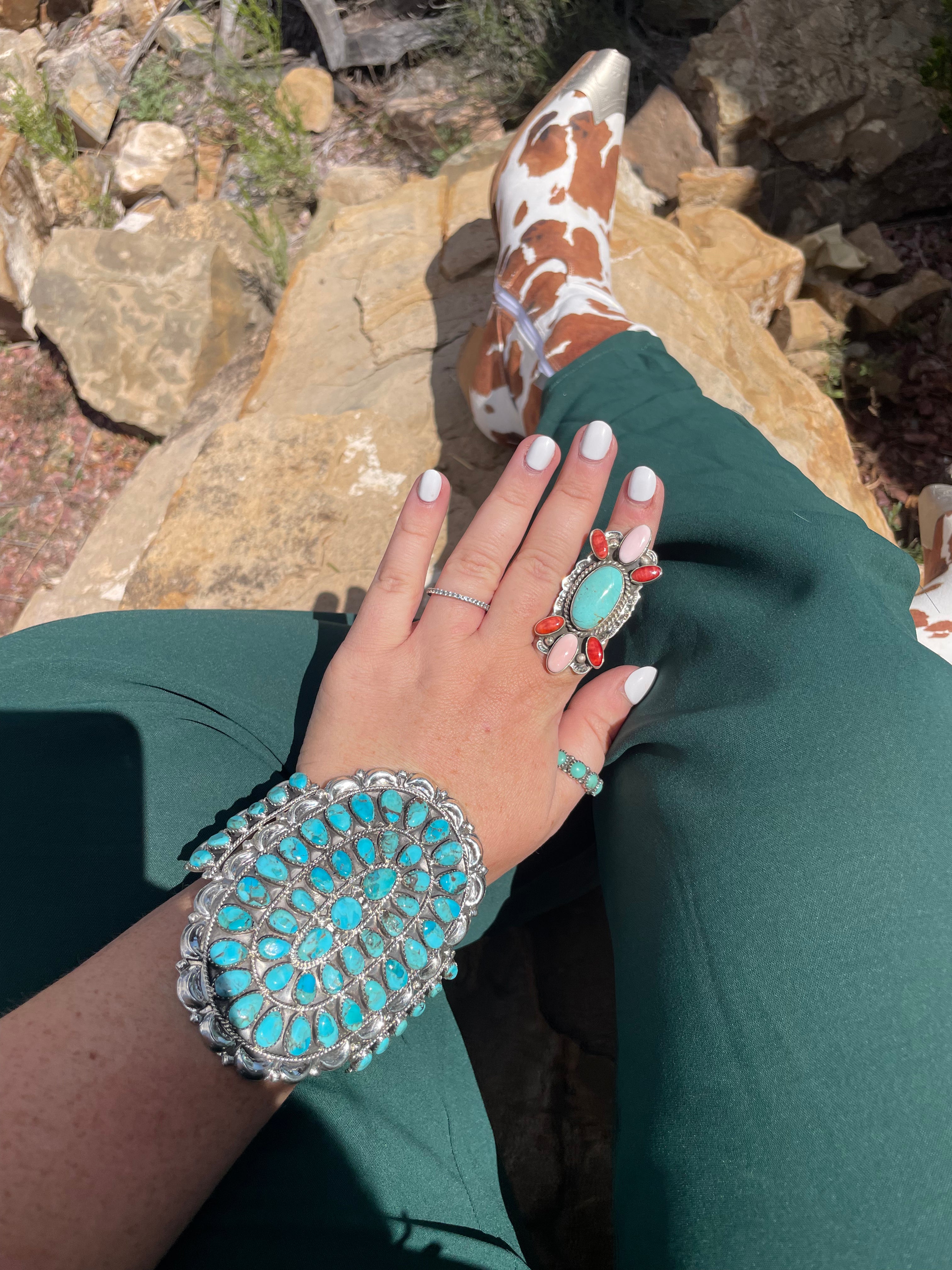 Navajo Sterling Silver & Turquoise Statement Cuff Bracelet Signed /